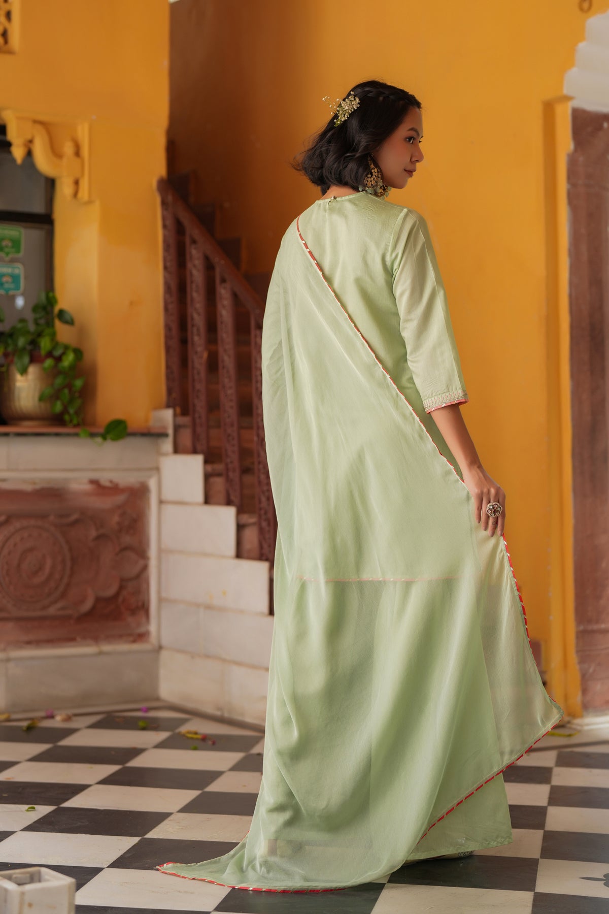 Pistagreen Chanderi Silk Zari Embroidered Sharara Set