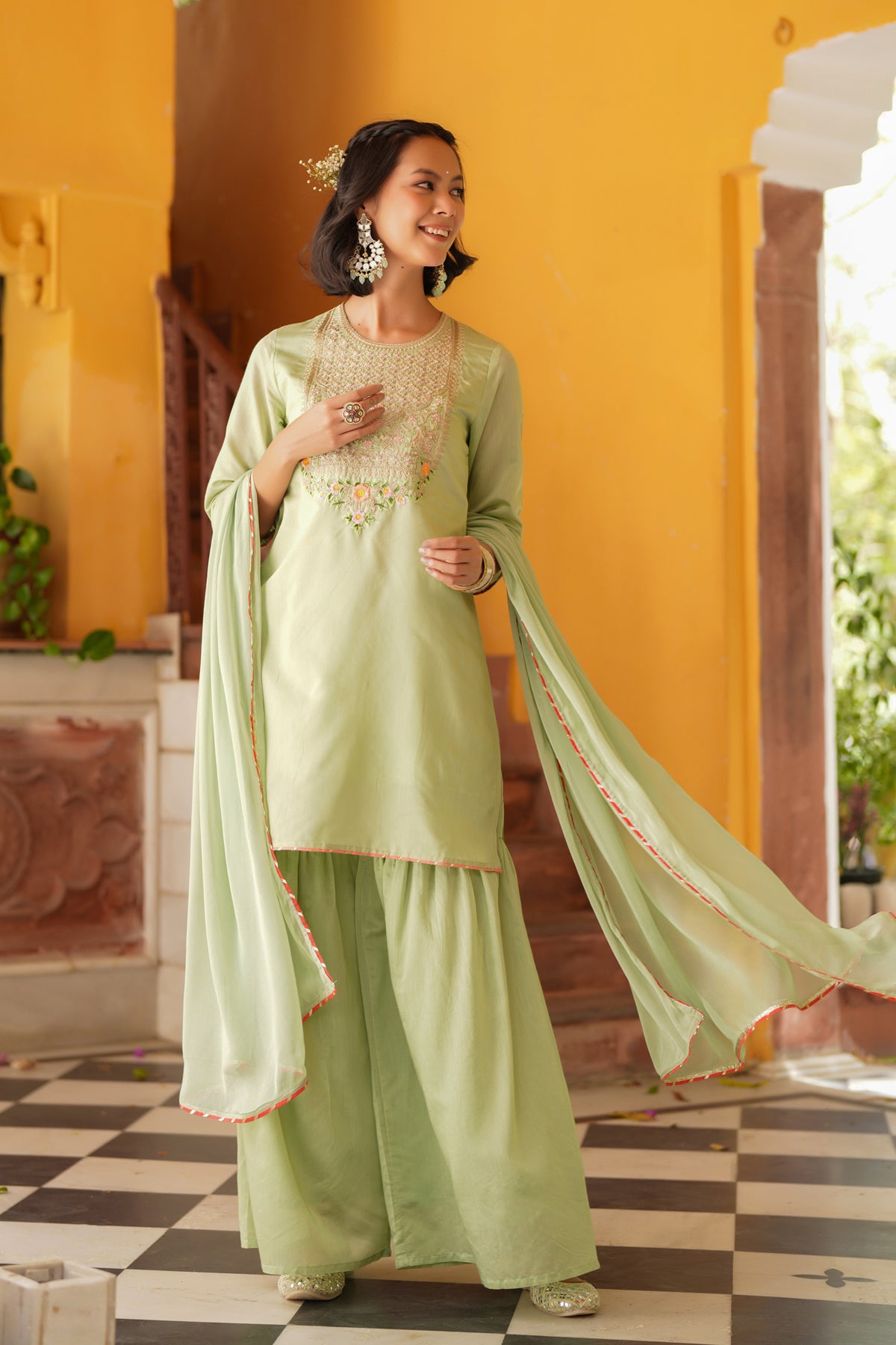 Pistagreen Chanderi Silk Zari Embroidered Sharara Set