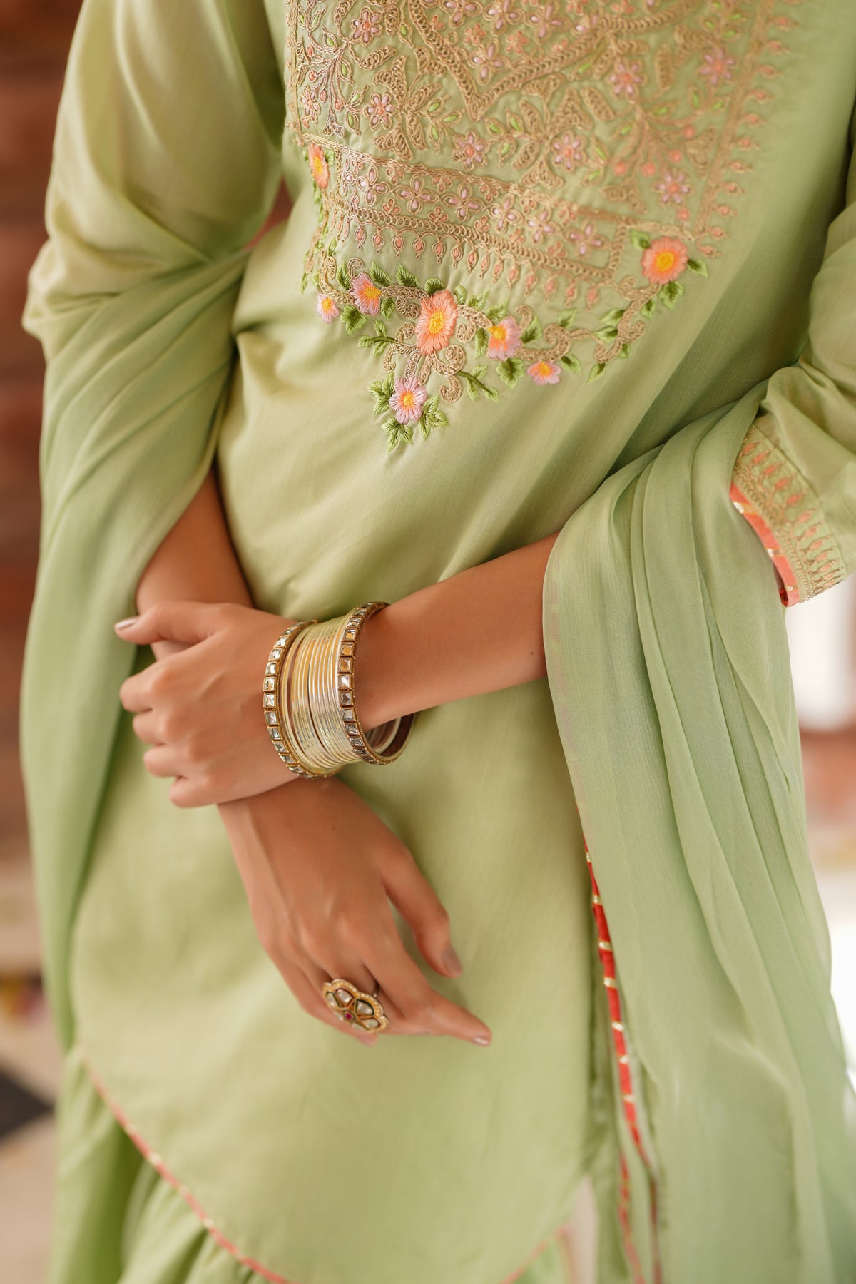 Pistagreen Chanderi Silk Zari Embroidered Sharara Set
