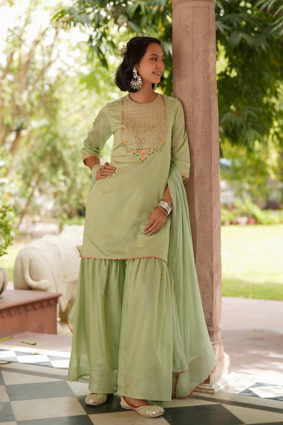 Pistagreen Chanderi Silk Zari Embroidered Sharara Set