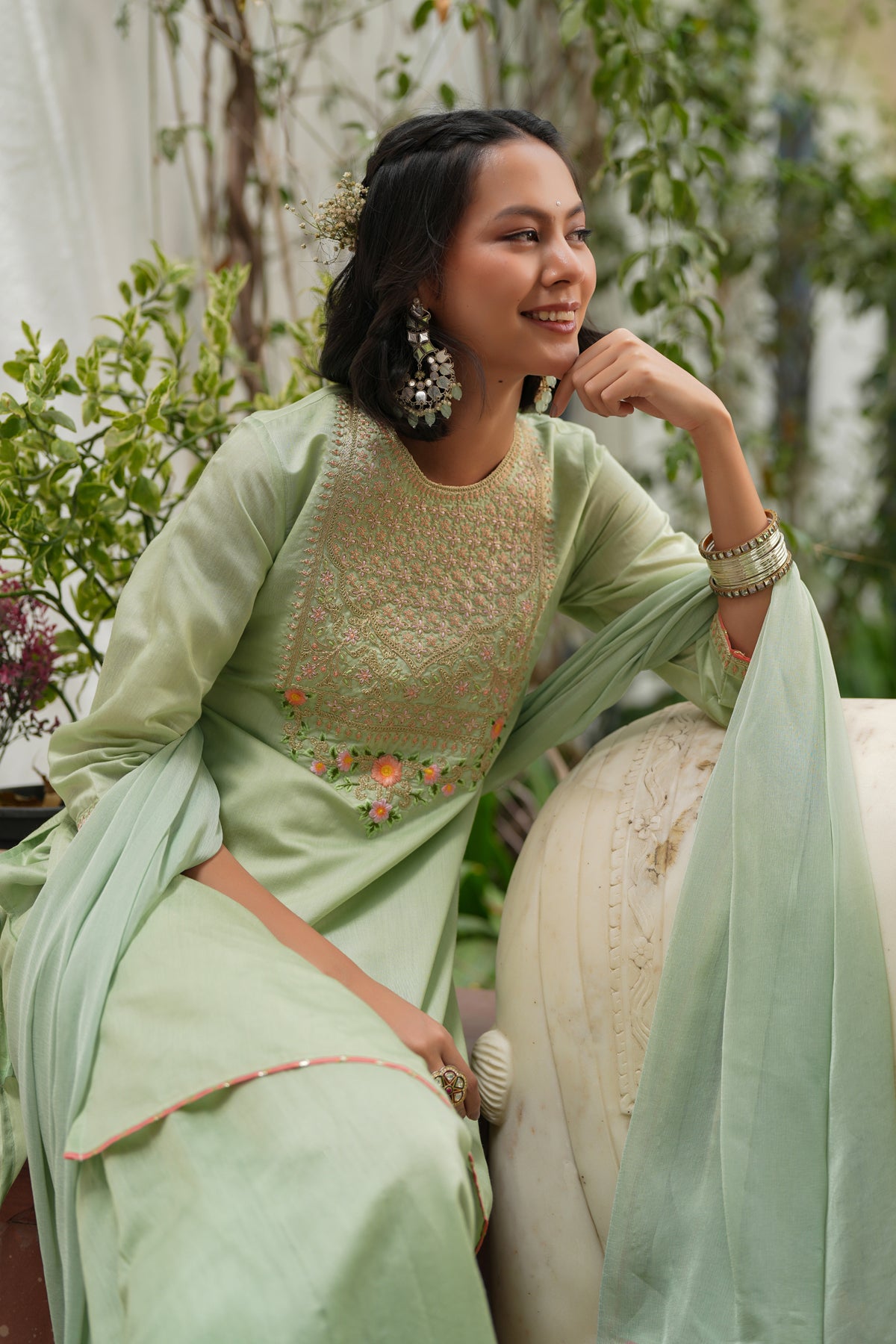 Pistagreen Chanderi Silk Zari Embroidered Sharara Set