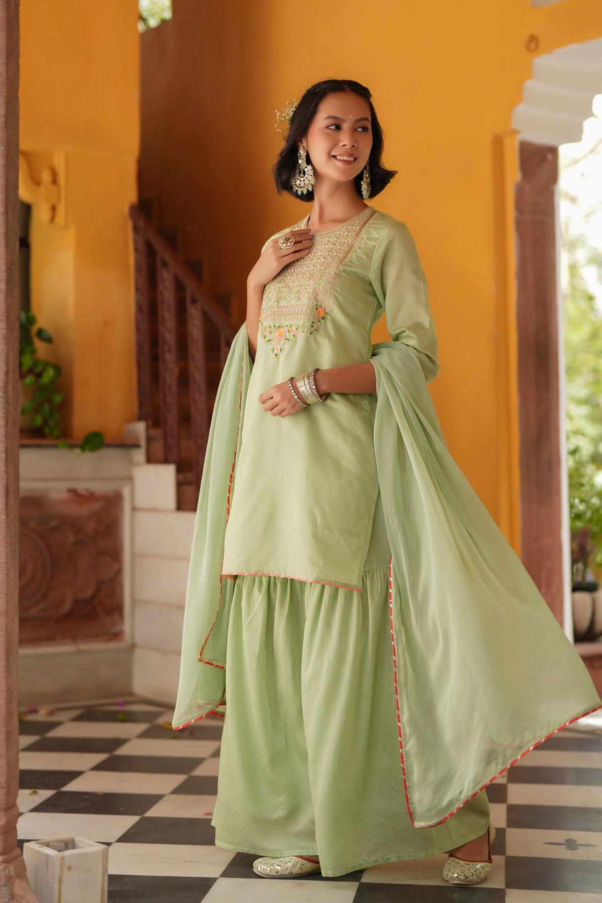 Pistagreen Chanderi Silk Zari Embroidered Sharara Set