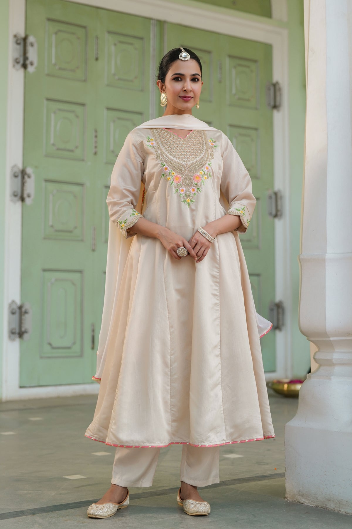 Beige Chanderi Silk Zari Embroidered Anarkali Set