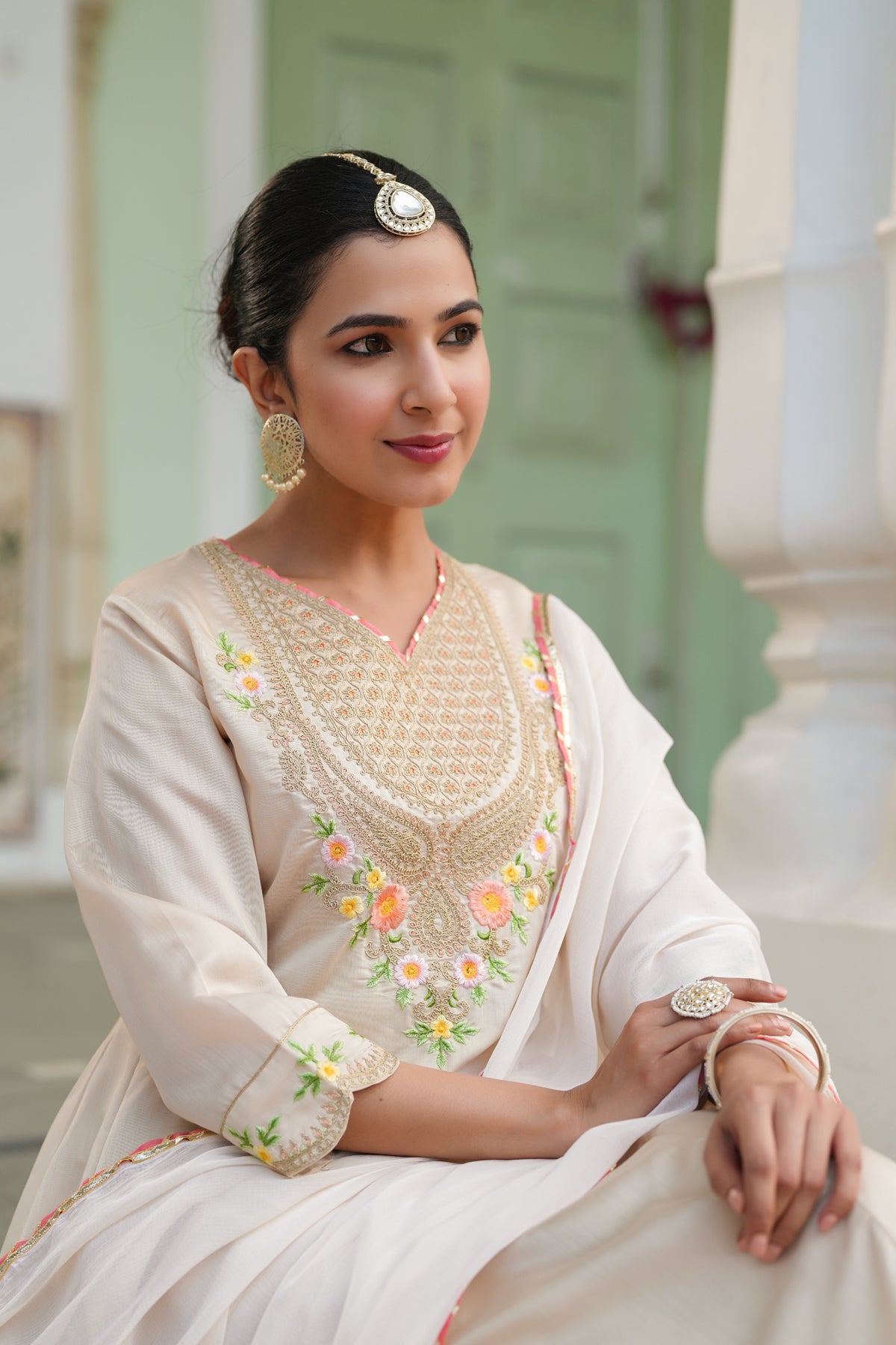 Beige Chanderi Silk Zari Embroidered Anarkali Set