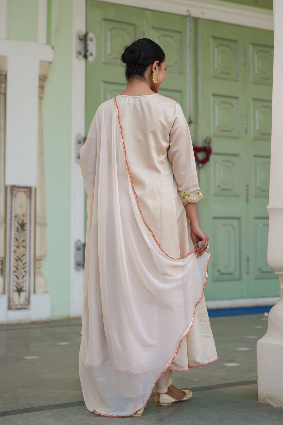 Beige Chanderi Silk Zari Embroidered Anarkali Set