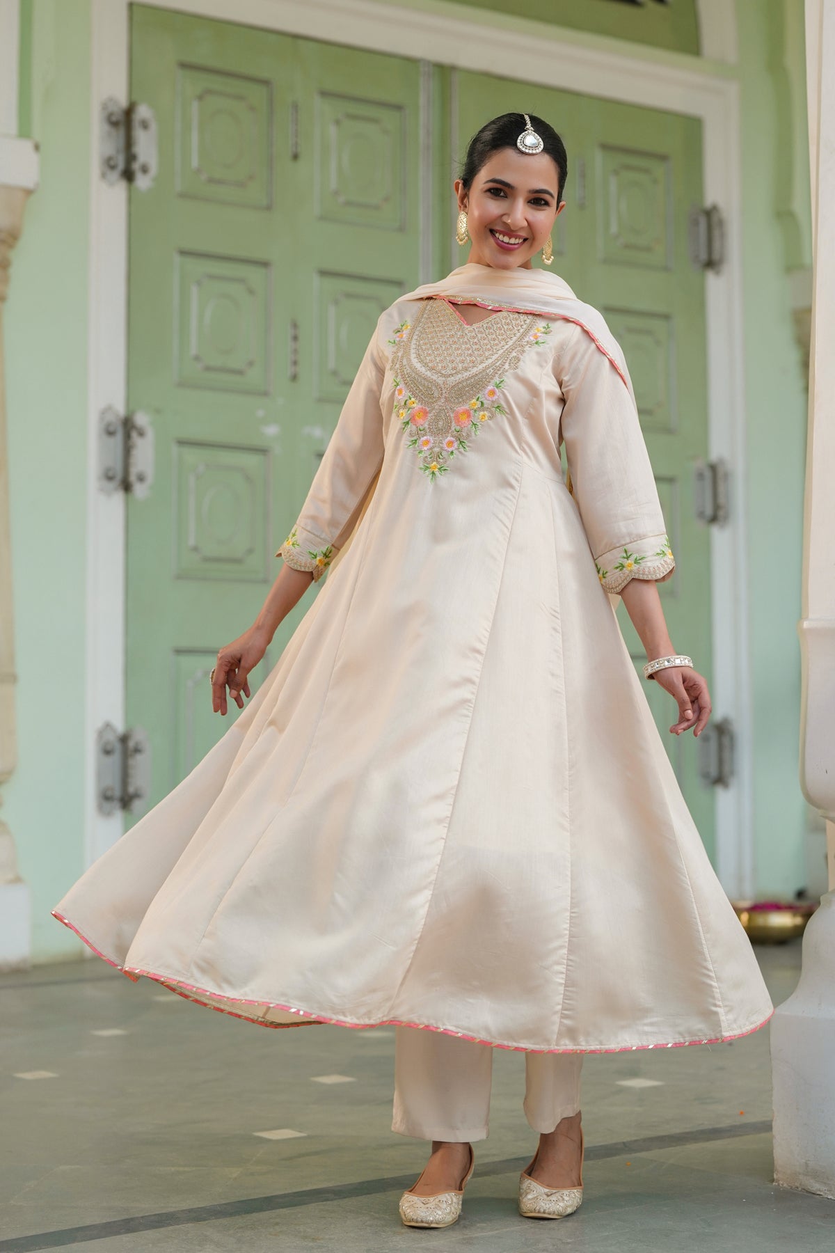 Beige Chanderi Silk Zari Embroidered Anarkali Set