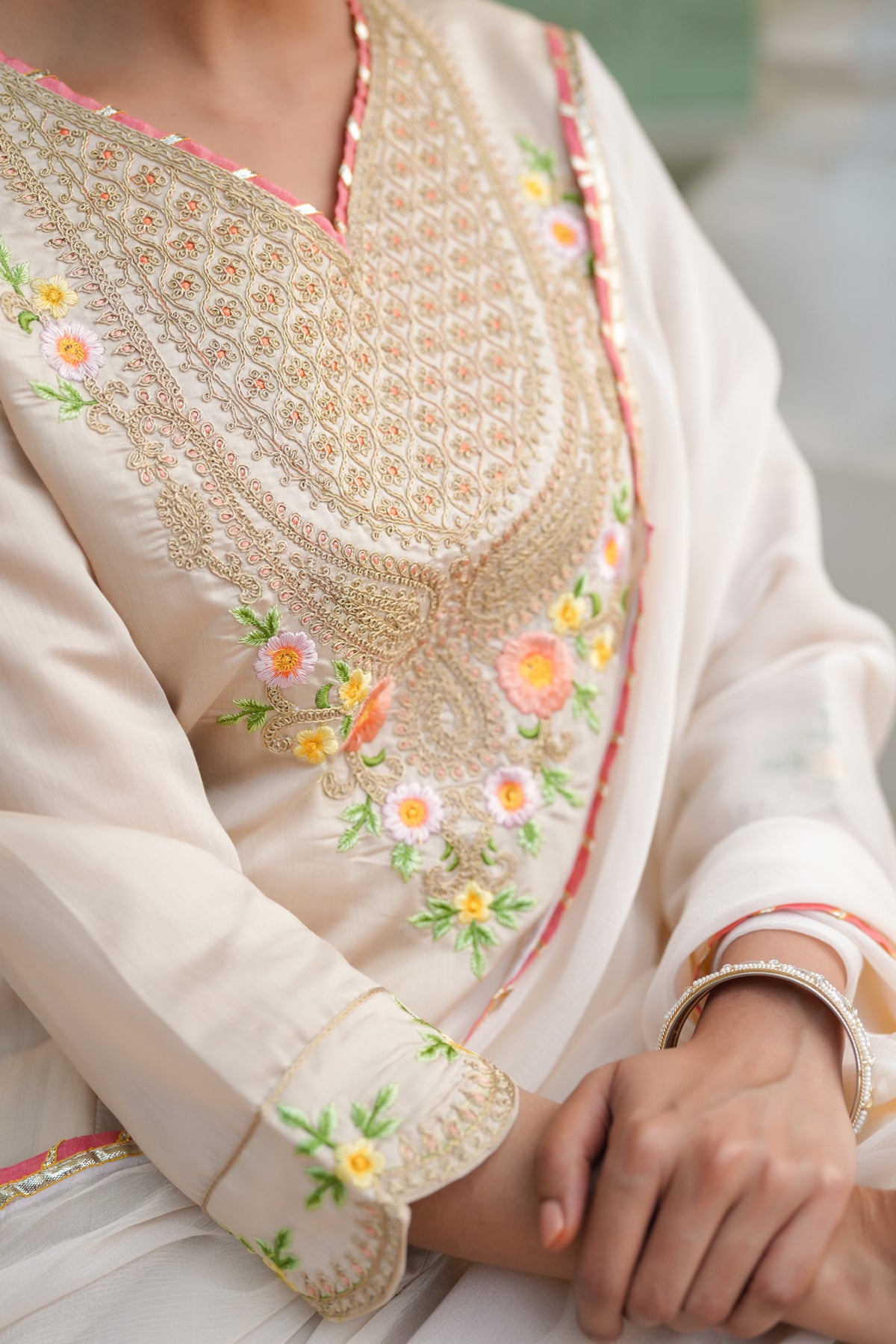 Beige Chanderi Silk Zari Embroidered Anarkali Set