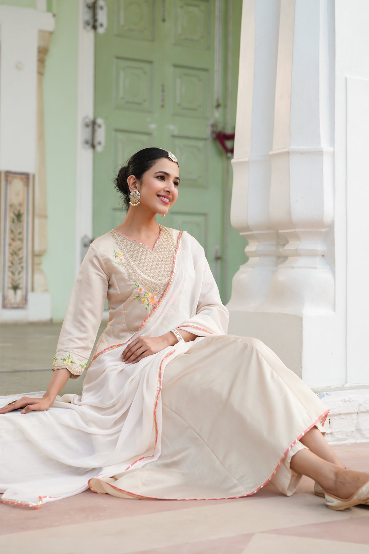 Beige Chanderi Silk Zari Embroidered Anarkali Set