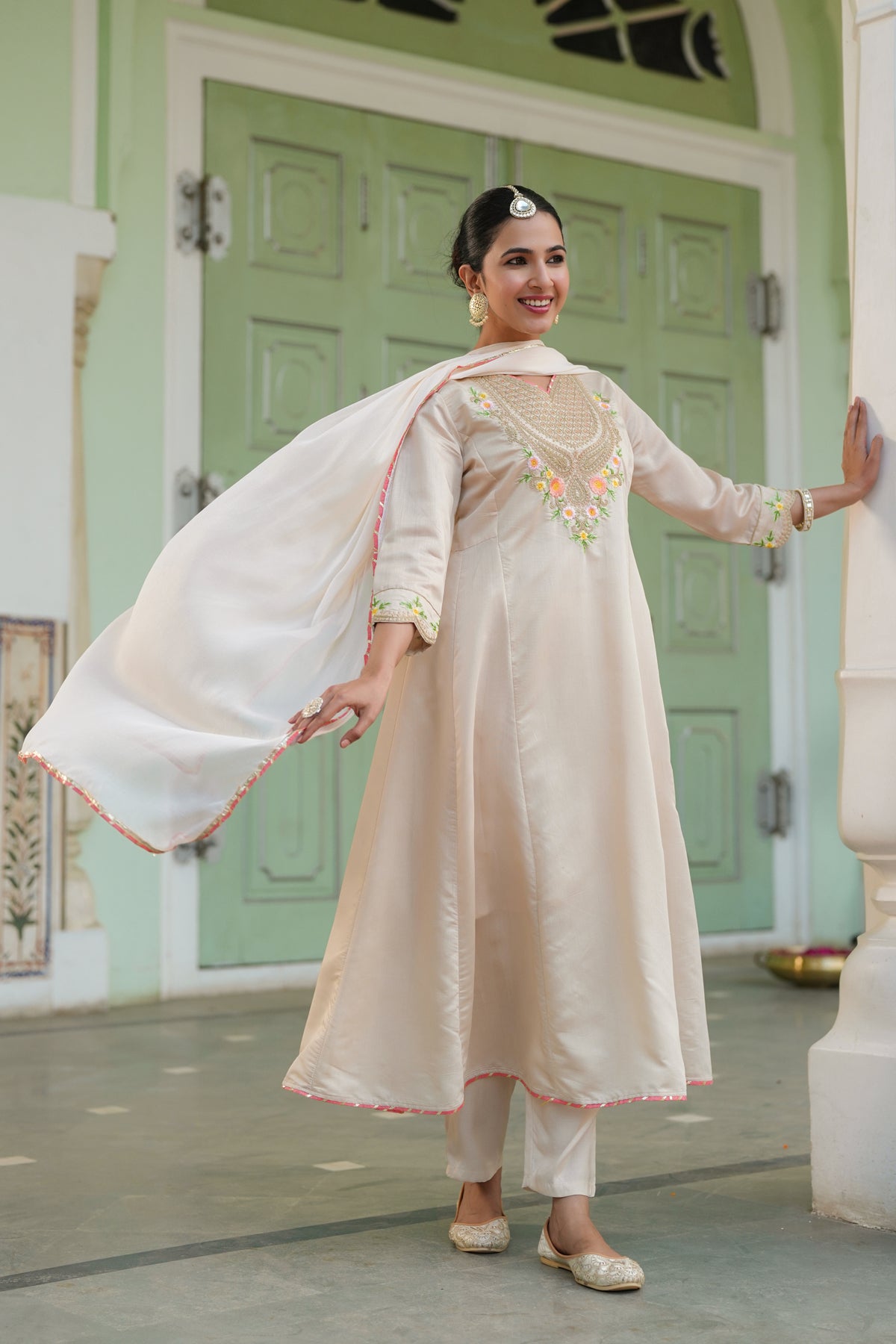 Beige Chanderi Silk Zari Embroidered Anarkali Set