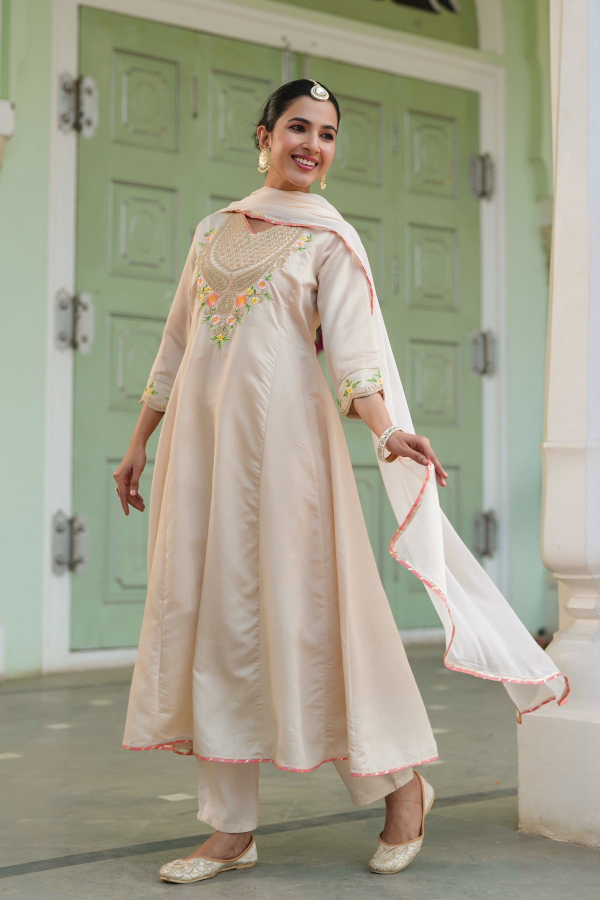 Beige Chanderi Silk Zari Embroidered Anarkali Set