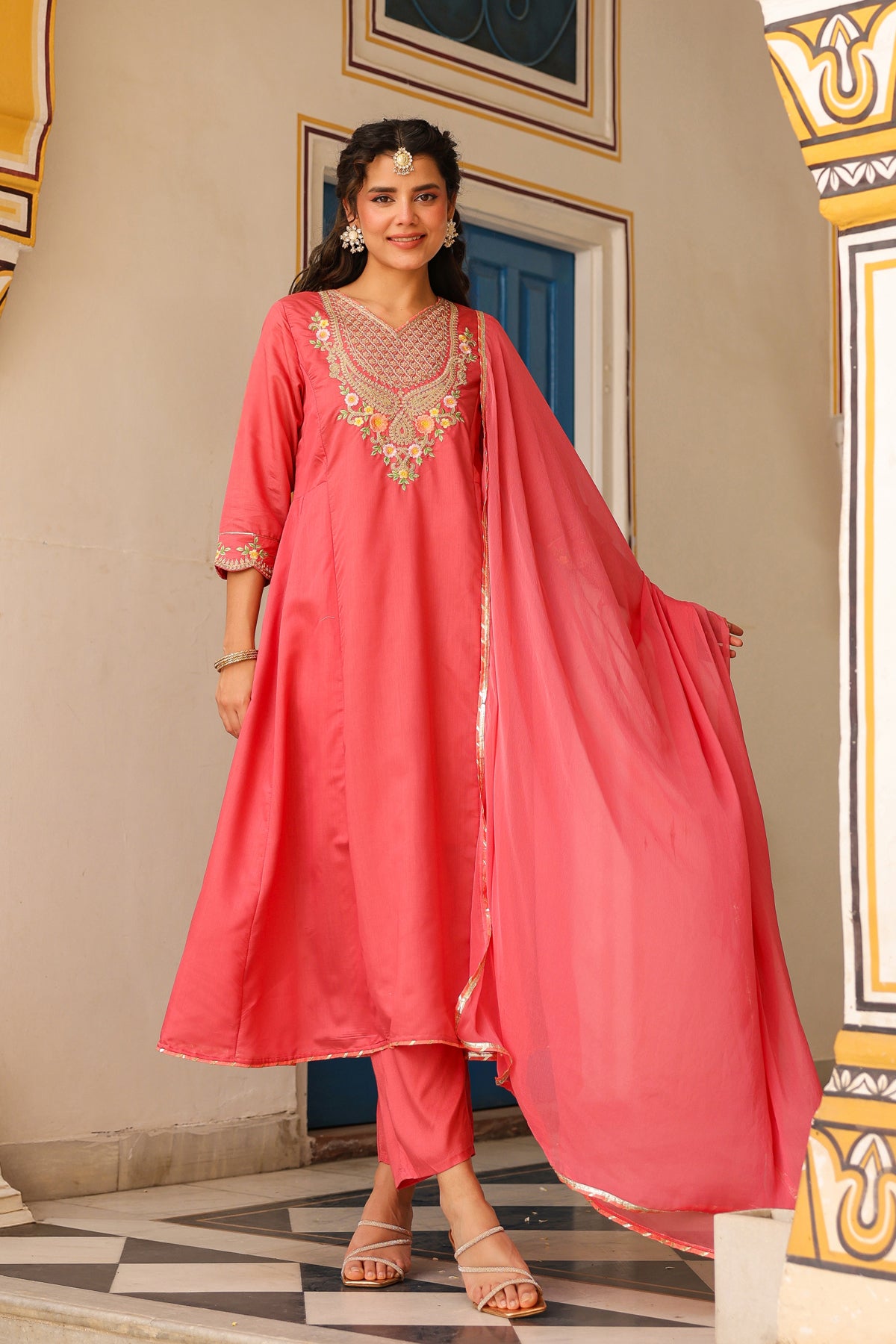 Coral Chanderi Silk Zari Embroidered Anarkali Set