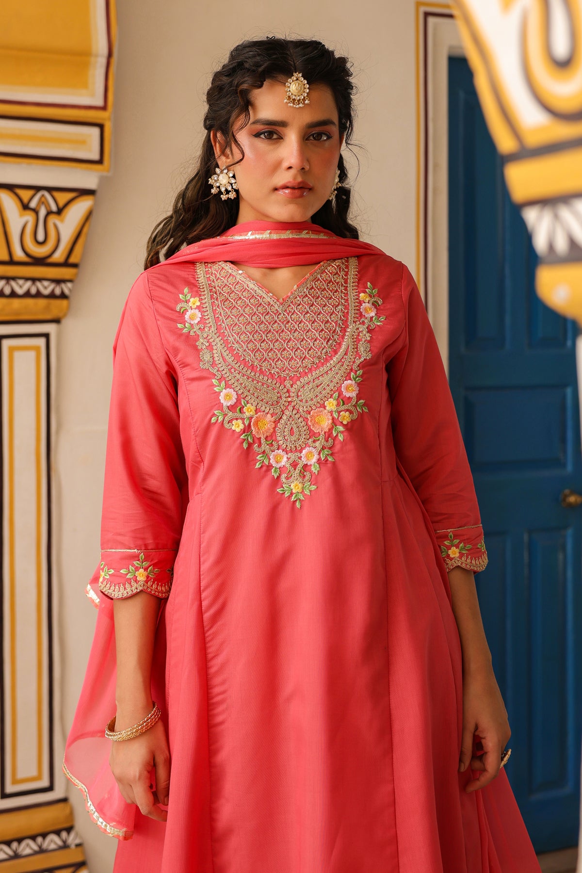 Coral Chanderi Silk Zari Embroidered Anarkali Set