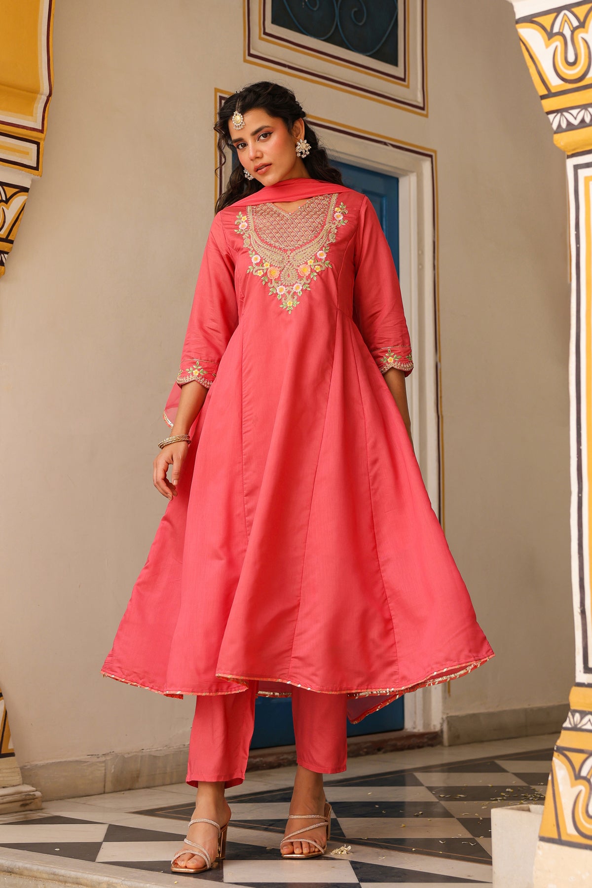 Coral Chanderi Silk Zari Embroidered Anarkali Set