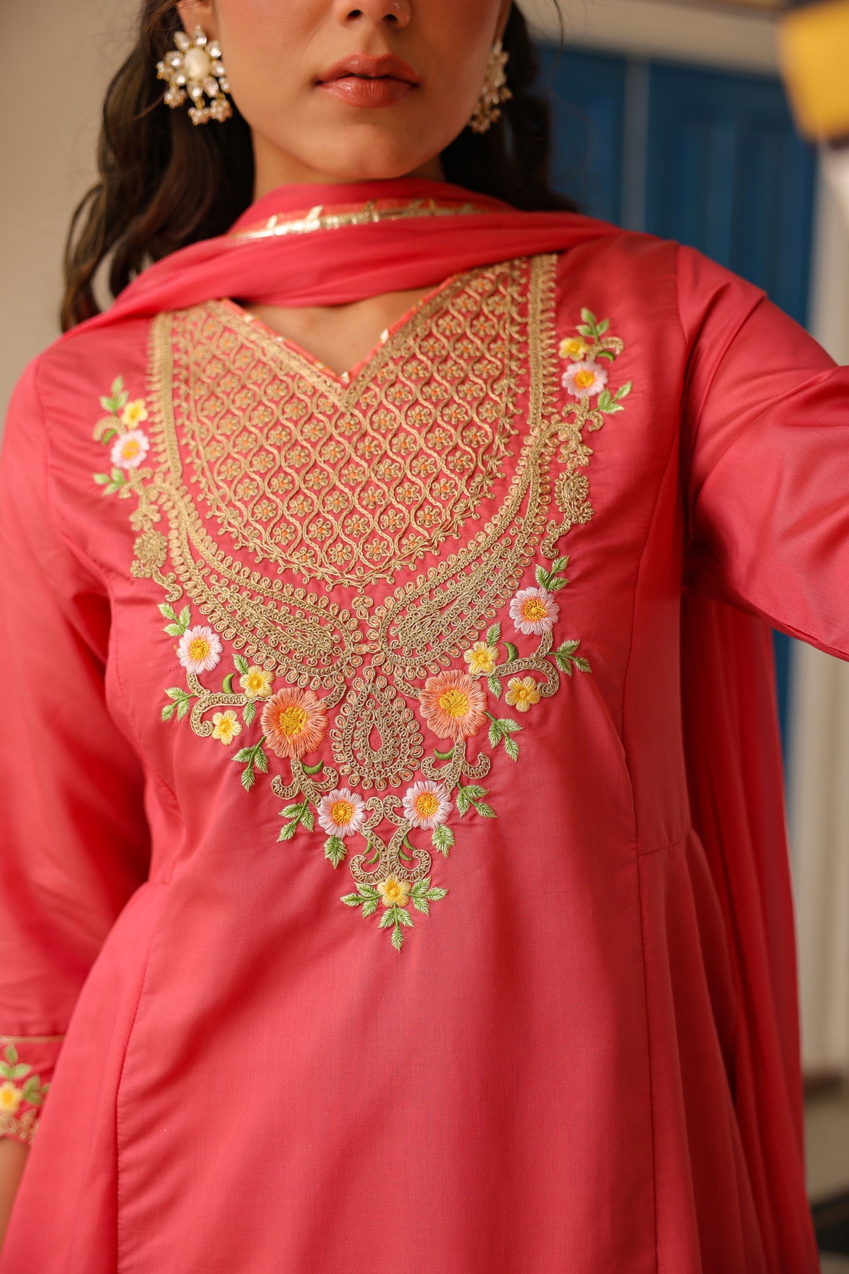 Coral Chanderi Silk Zari Embroidered Anarkali Set