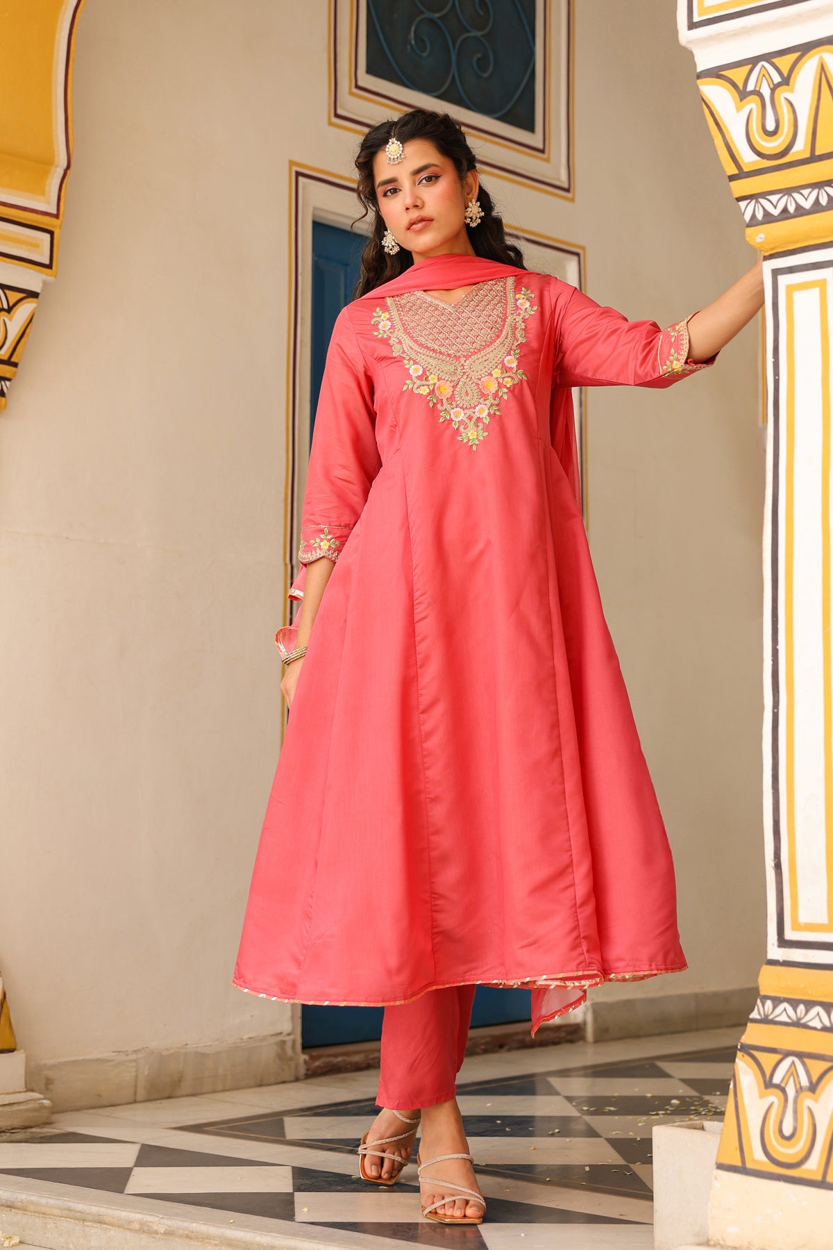 Coral Chanderi Silk Zari Embroidered Anarkali Set