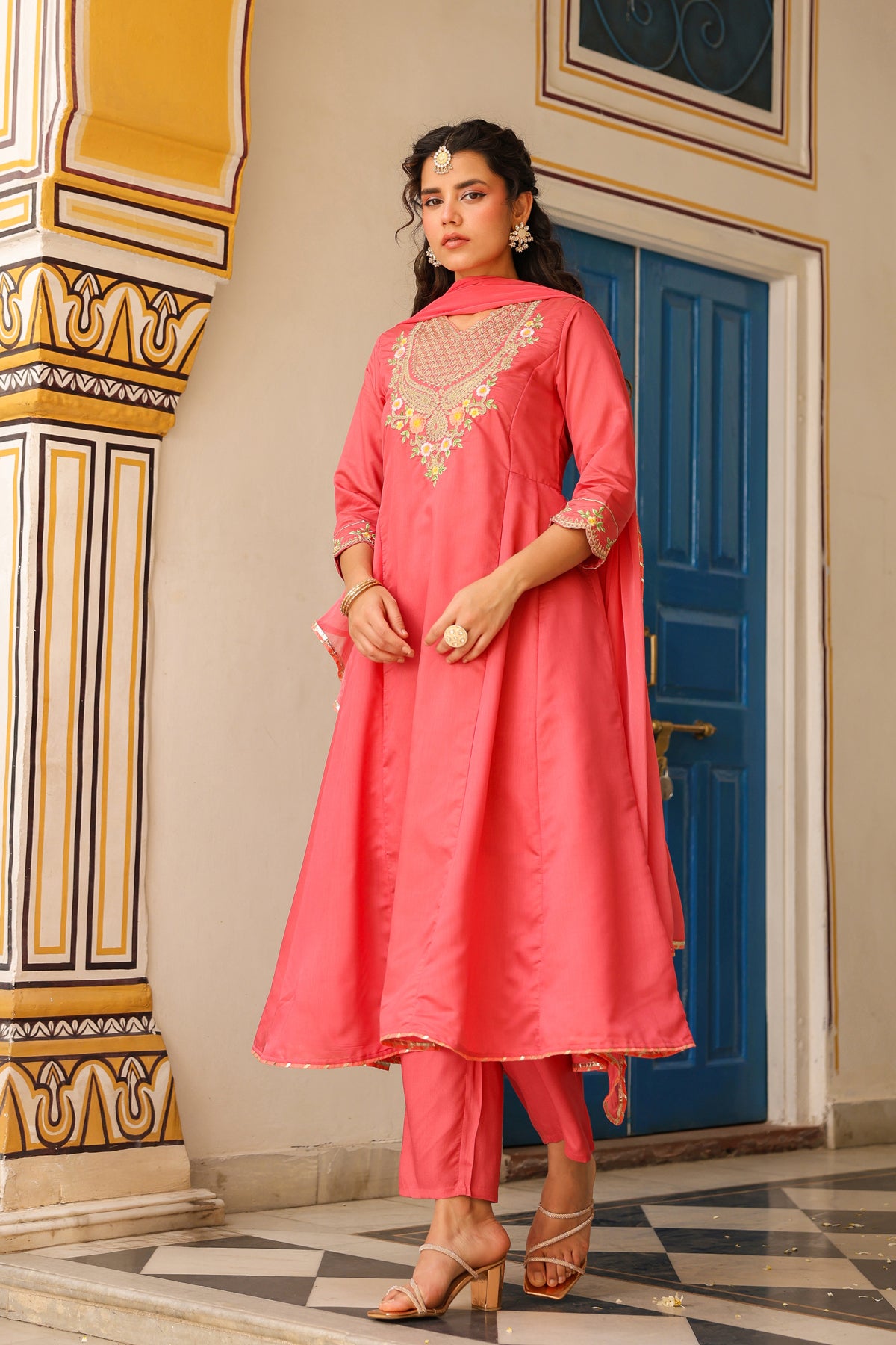 Coral Chanderi Silk Zari Embroidered Anarkali Set