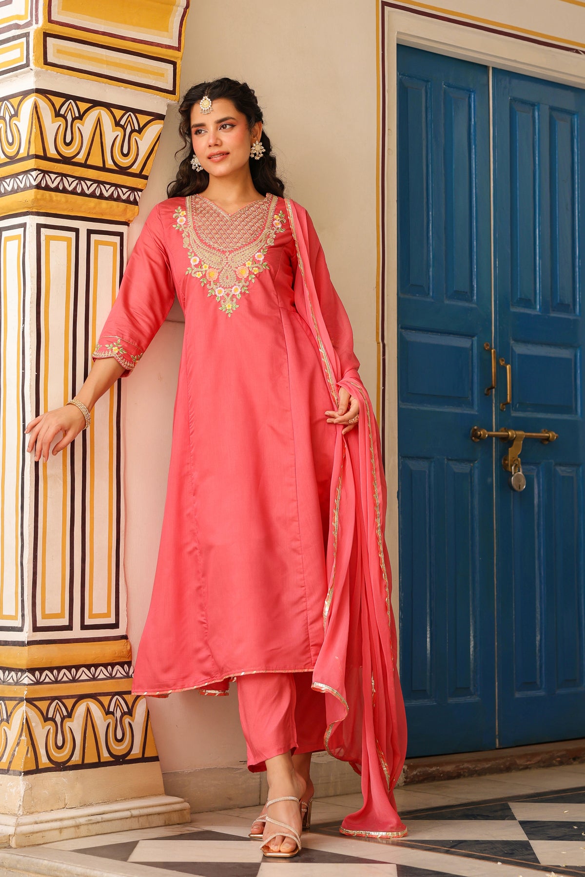 Coral Chanderi Silk Zari Embroidered Anarkali Set