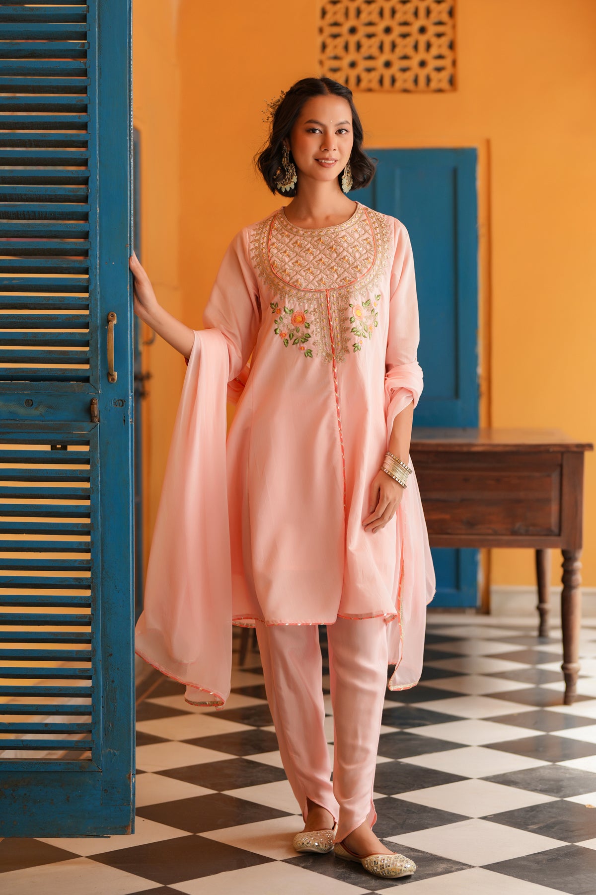 Peach Chanderi Silk Zari Embroidered Anarkali Set