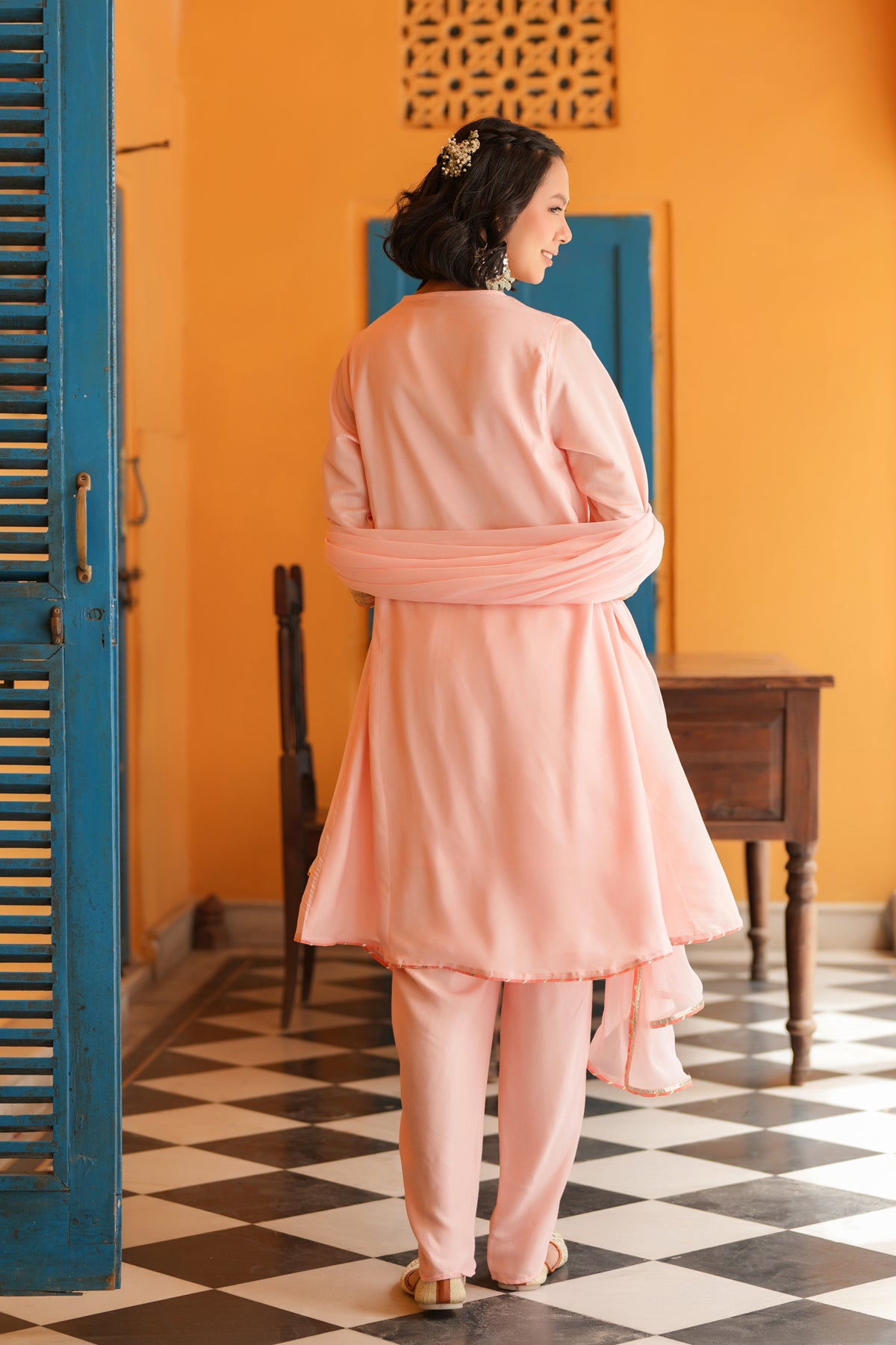 Peach Chanderi Silk Zari Embroidered Anarkali Set