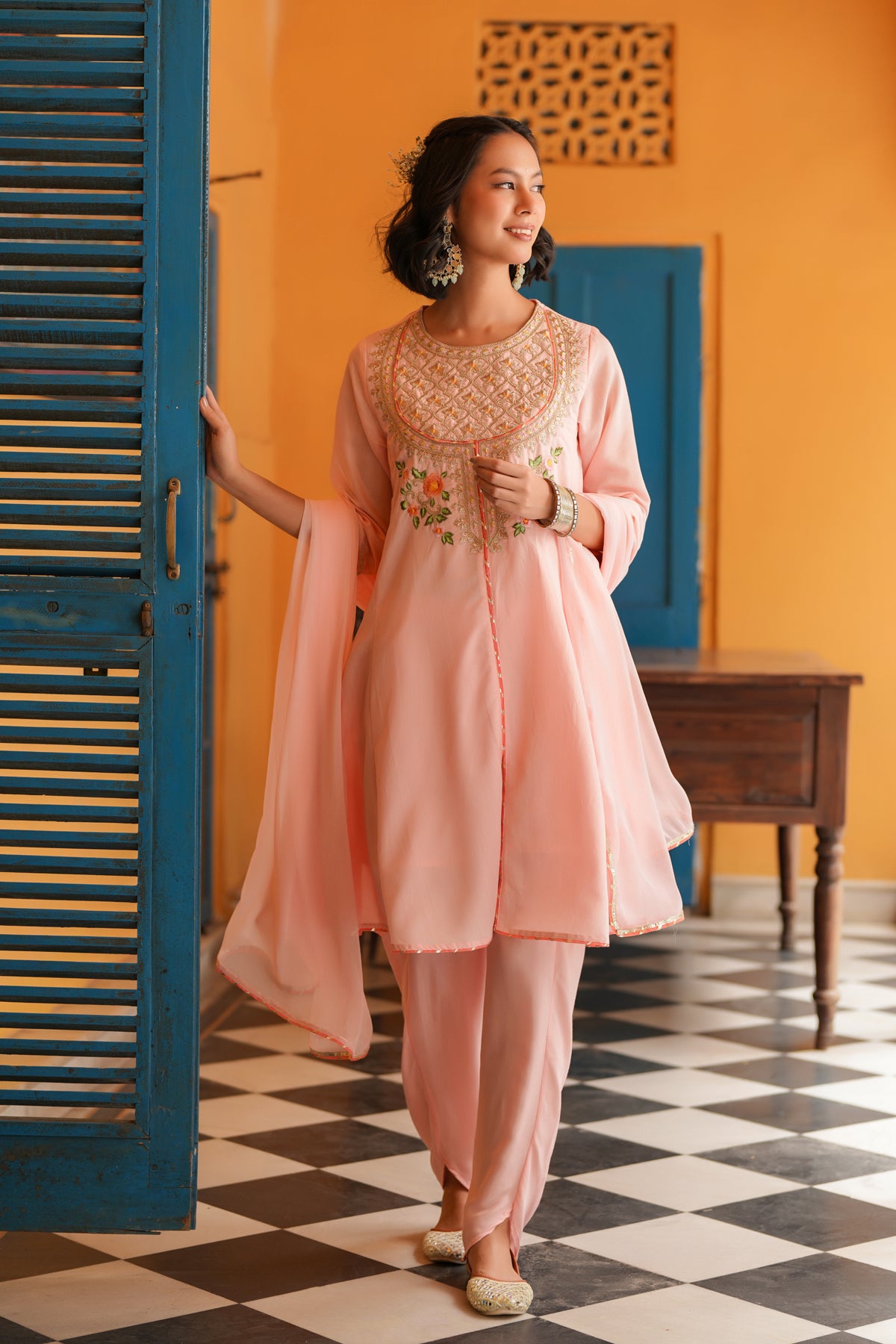 Peach Chanderi Silk Zari Embroidered Anarkali Set