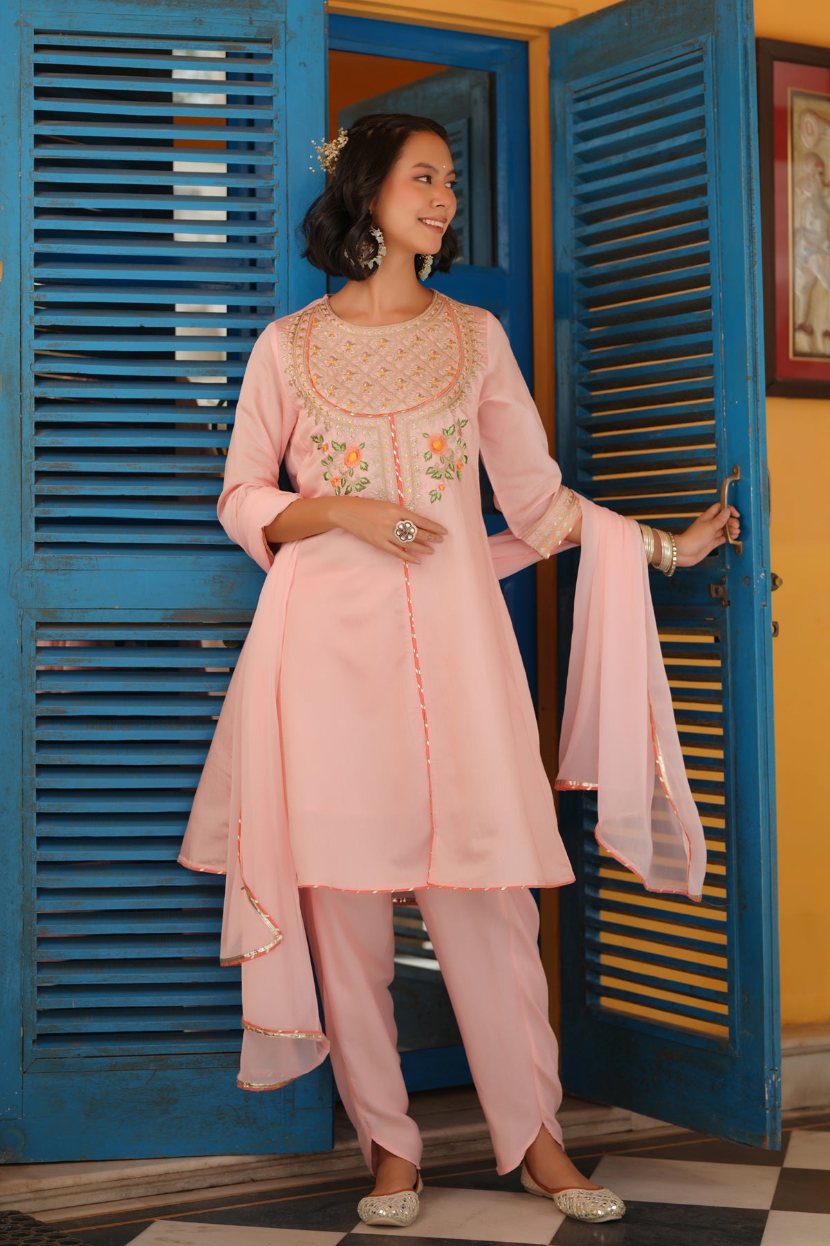 Peach Chanderi Silk Zari Embroidered Anarkali Set