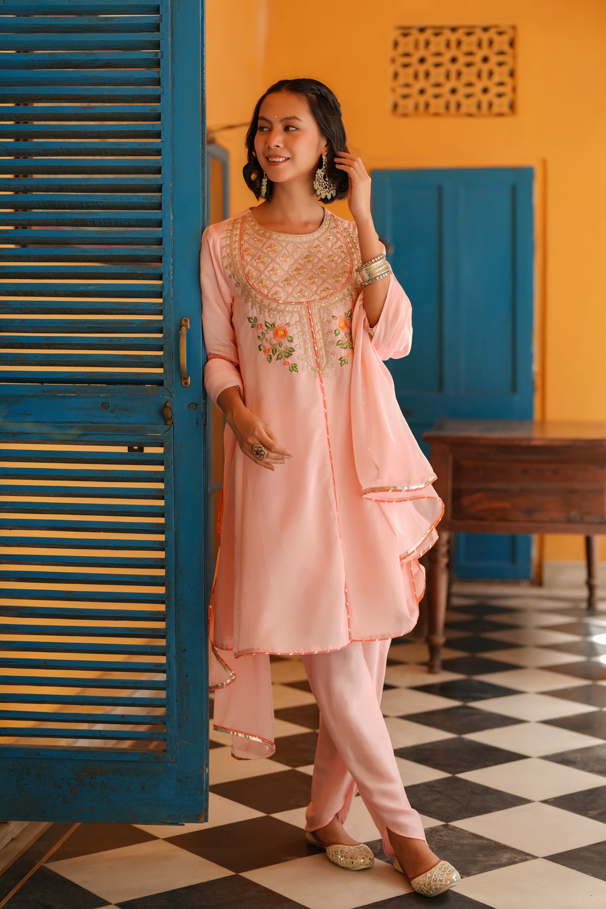 Peach Chanderi Silk Zari Embroidered Anarkali Set