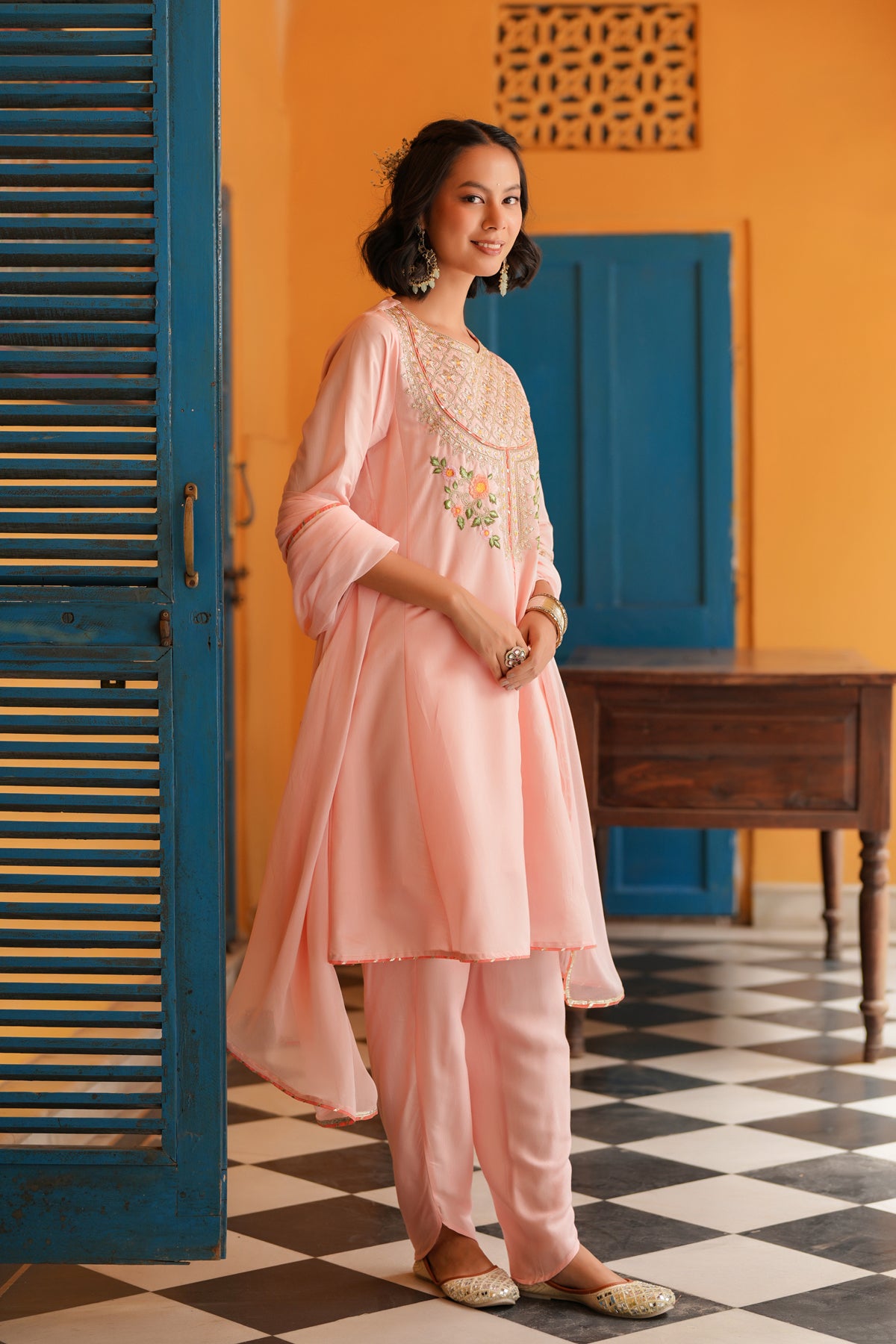 Peach Chanderi Silk Zari Embroidered Anarkali Set