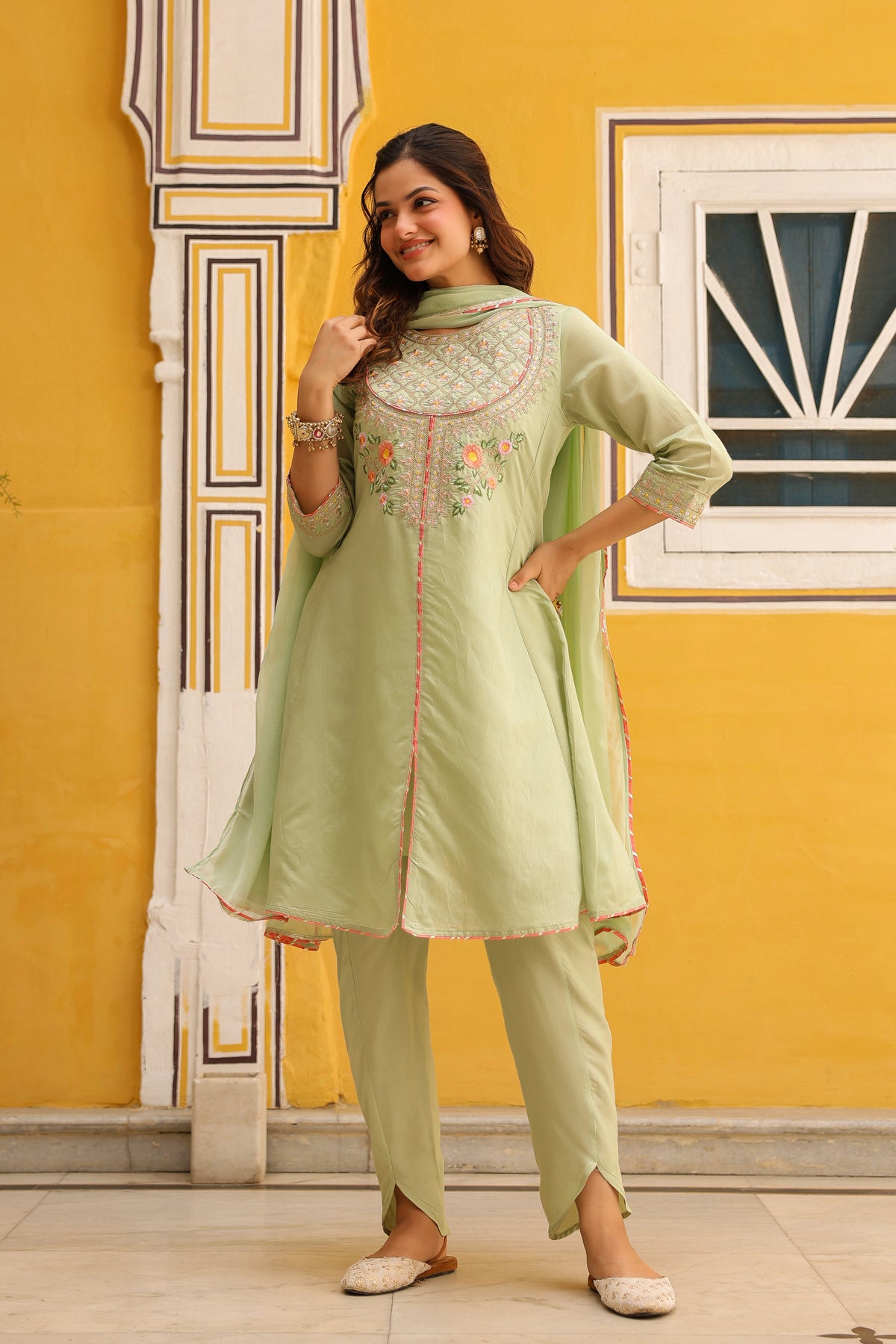 Pistagreen Chanderi Silk Zari Embroidered Anarkali Set