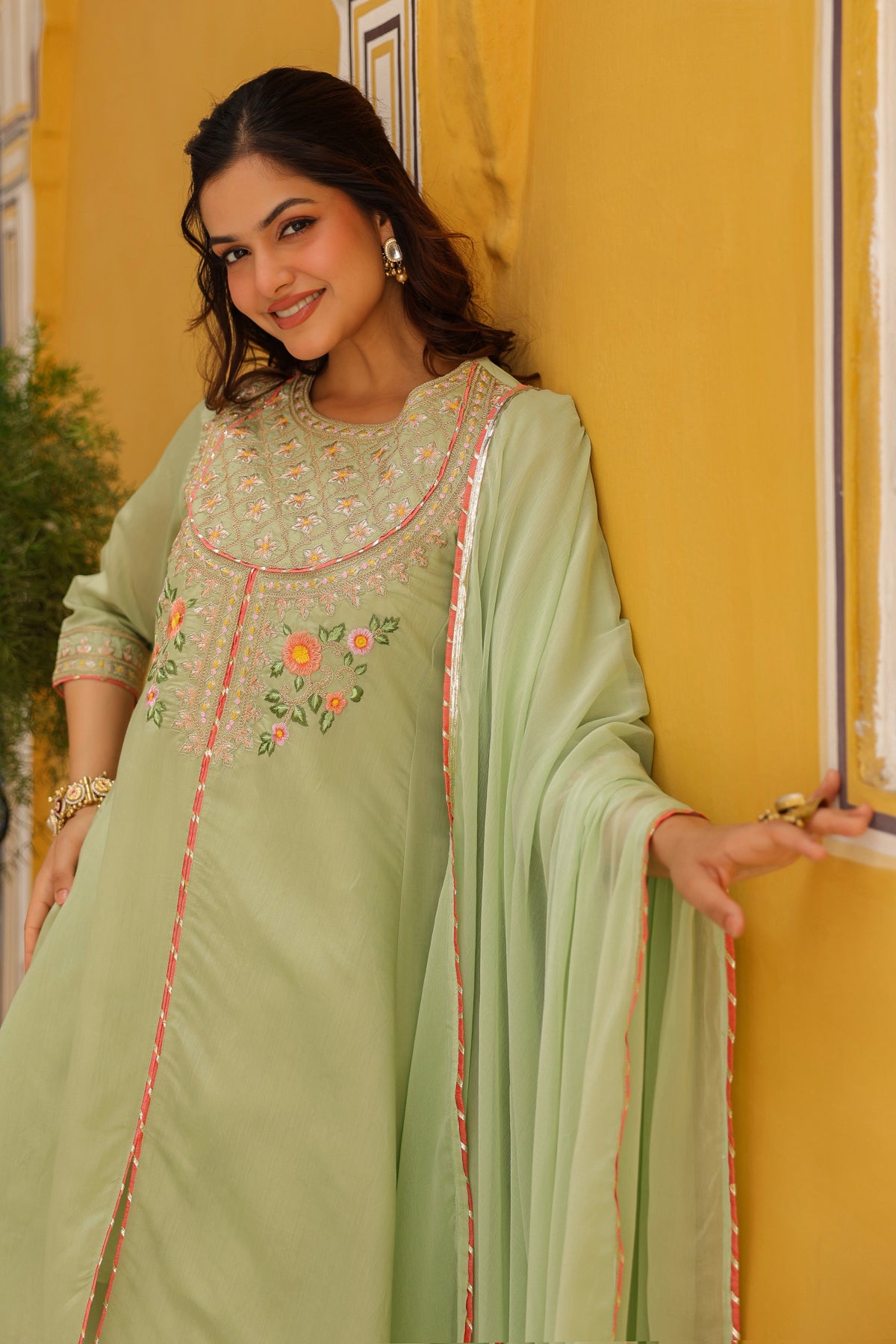 Pistagreen Chanderi Silk Zari Embroidered Anarkali Set