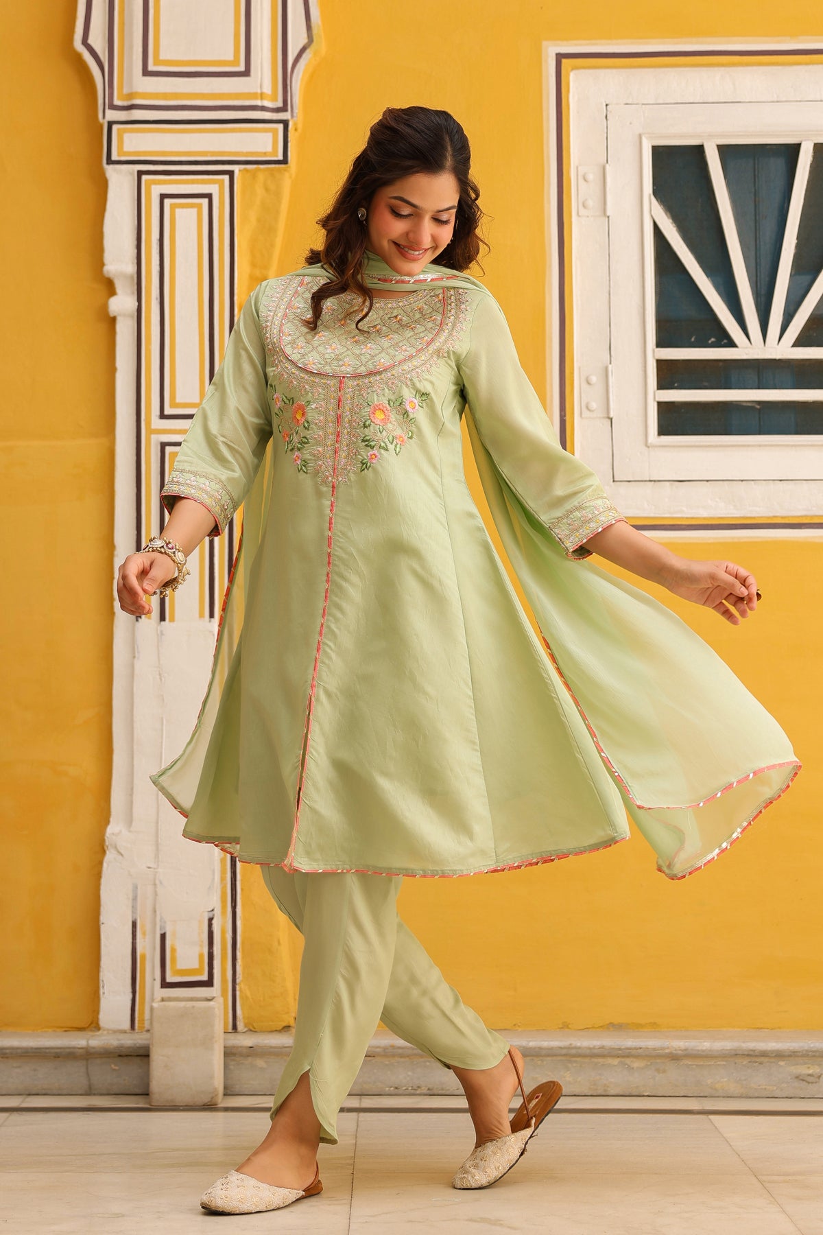 Pistagreen Chanderi Silk Zari Embroidered Anarkali Set