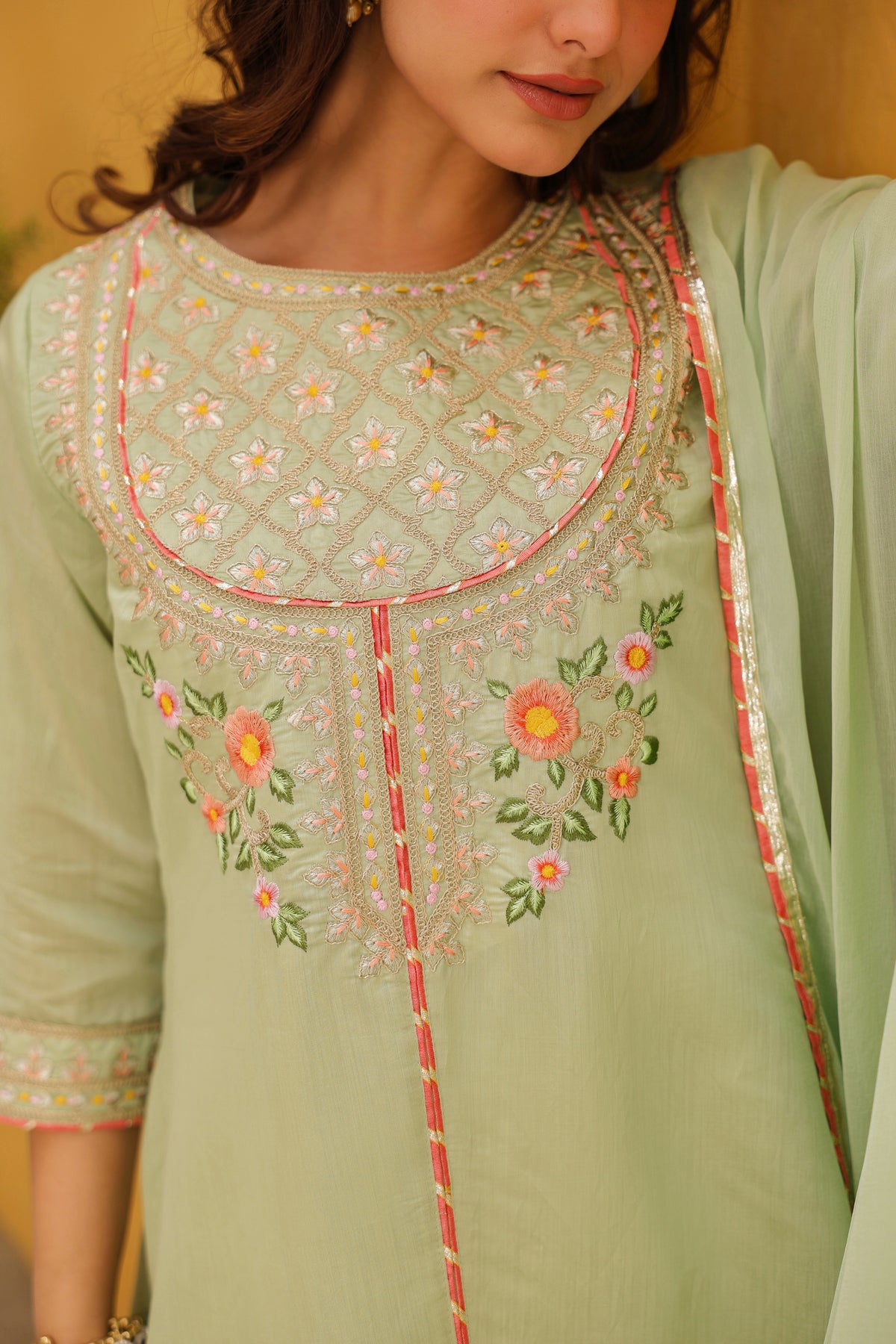 Pistagreen Chanderi Silk Zari Embroidered Anarkali Set