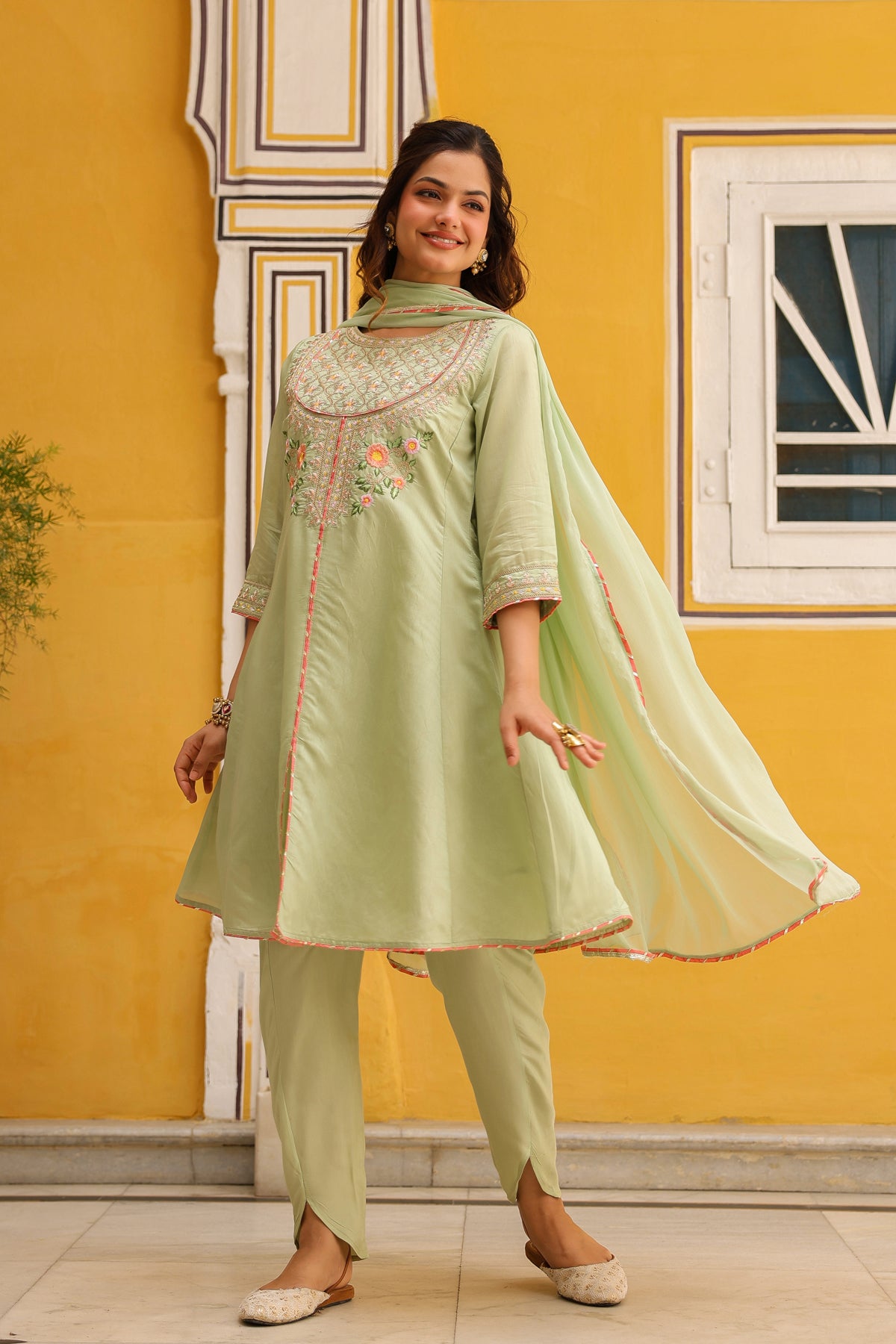 Pistagreen Chanderi Silk Zari Embroidered Anarkali Set