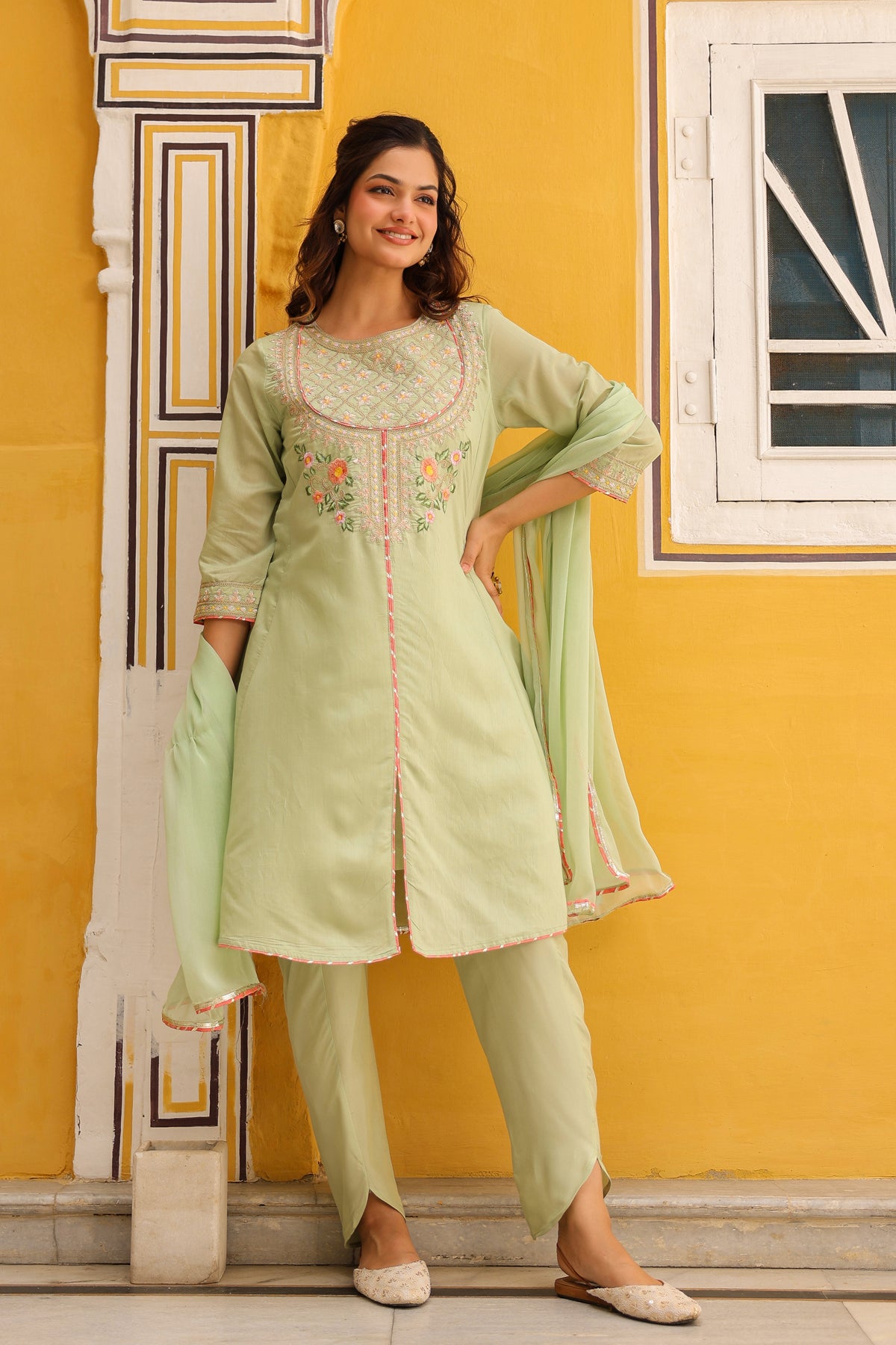 Pistagreen Chanderi Silk Zari Embroidered Anarkali Set