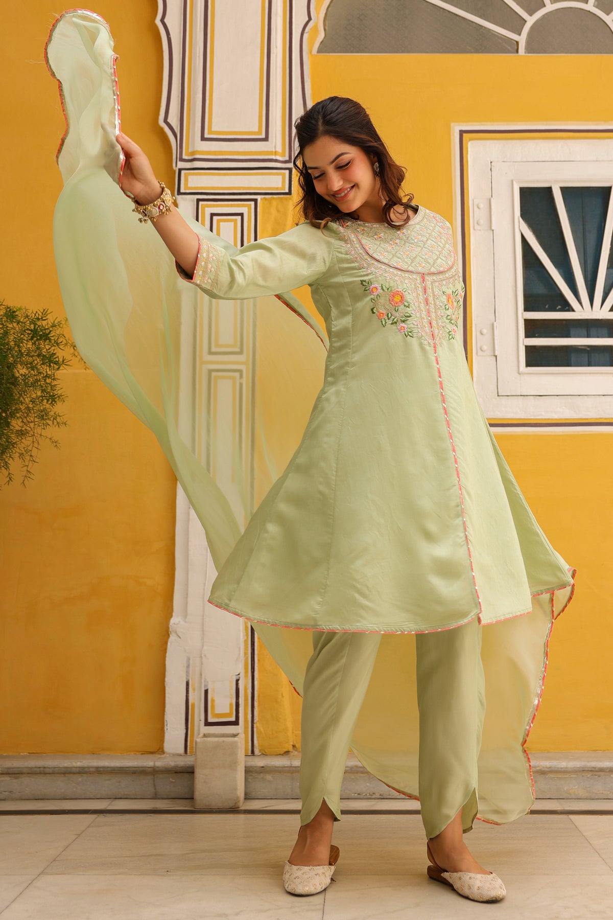 Pistagreen Chanderi Silk Zari Embroidered Anarkali Set