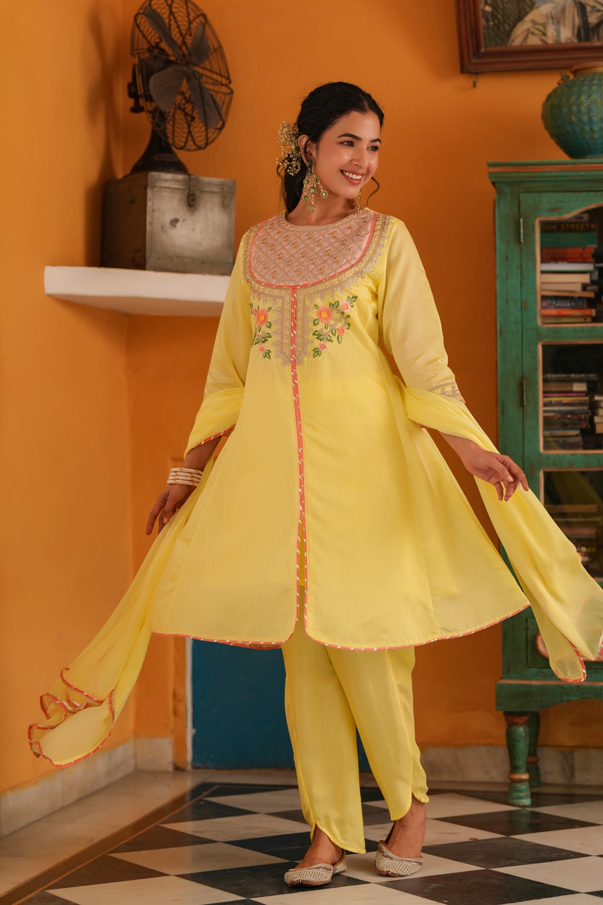 Yellow Chanderi Silk Zari Embroidered Anarkali Set