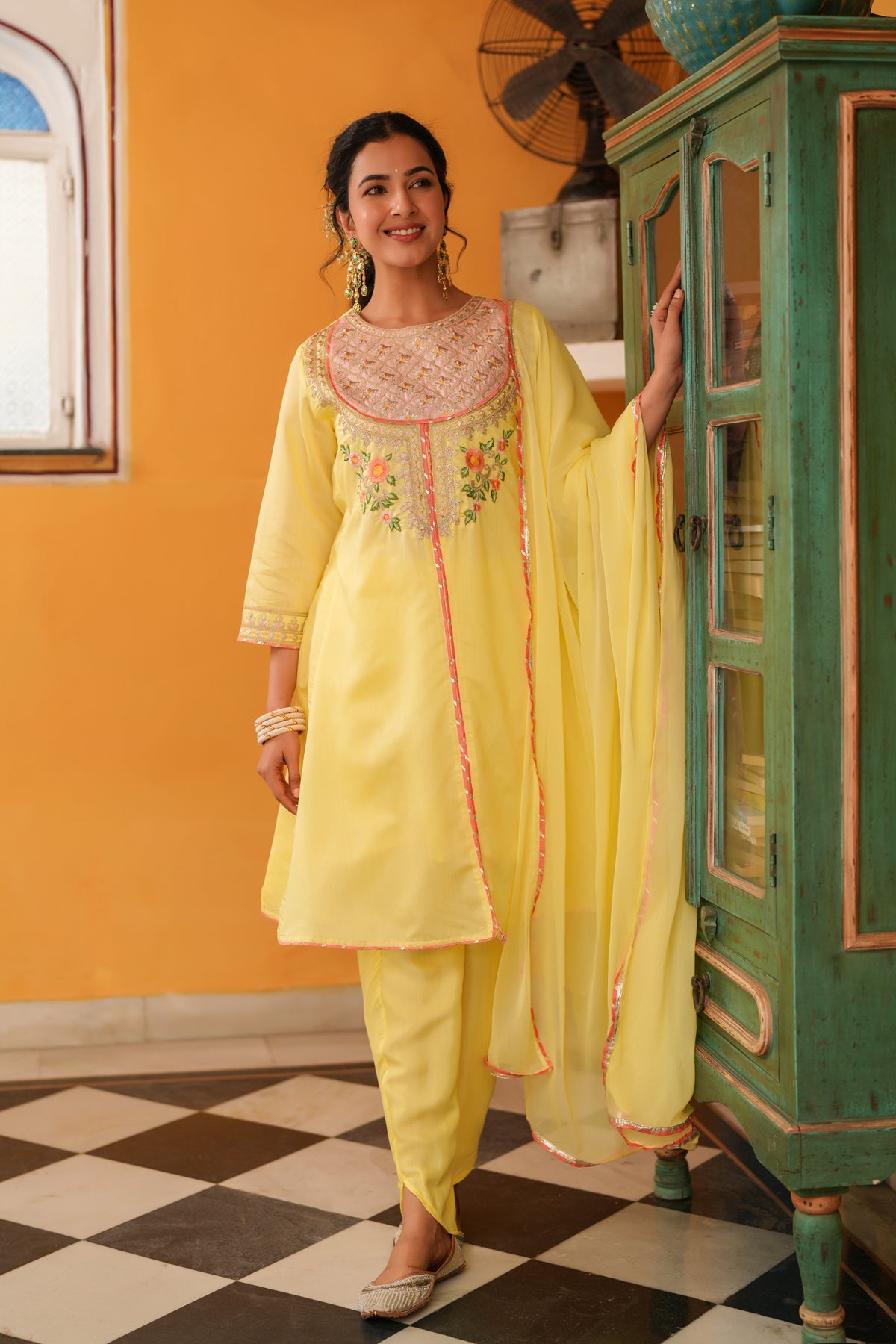 Yellow Chanderi Silk Zari Embroidered Anarkali Set
