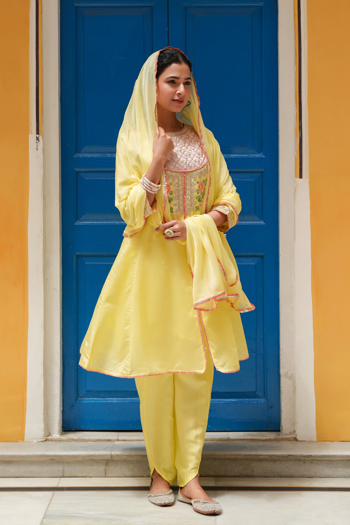 Yellow Chanderi Silk Zari Embroidered Anarkali Set