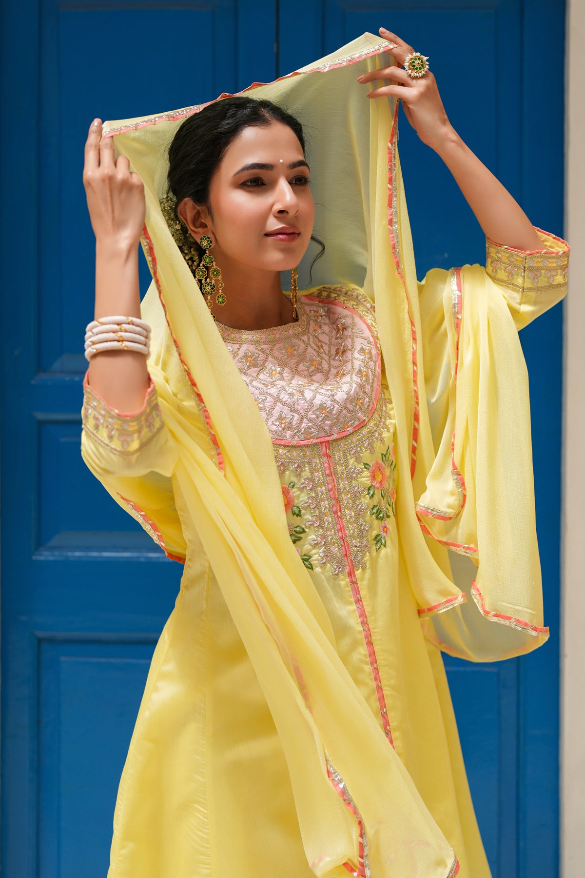 Yellow Chanderi Silk Zari Embroidered Anarkali Set