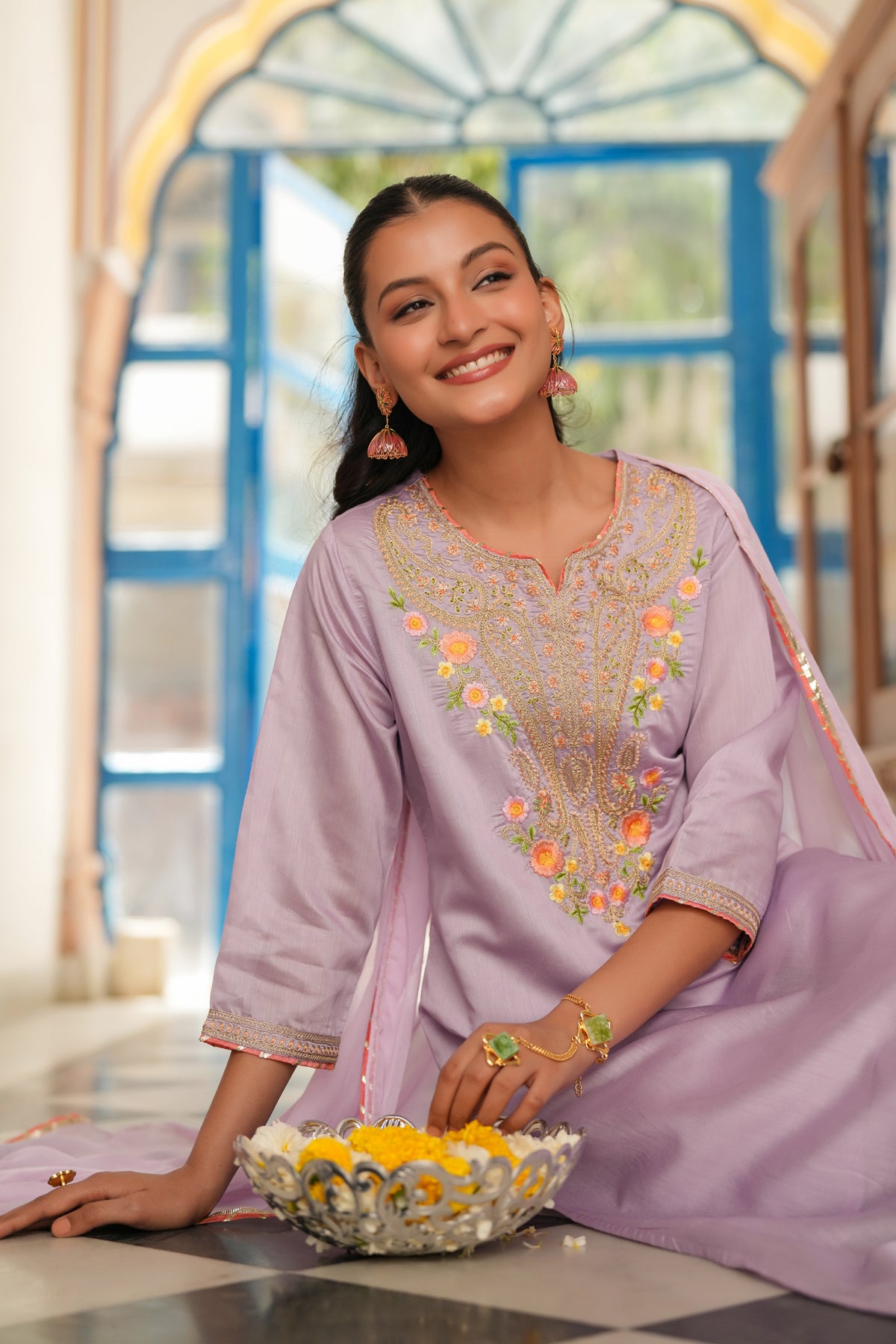Lavender Chanderi Silk Zari Embroidered Straight Suit Set