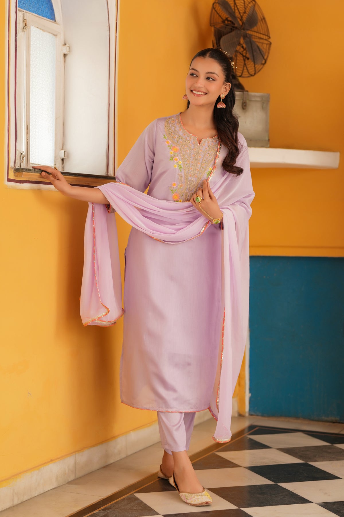 Lavender Chanderi Silk Zari Embroidered Straight Suit Set