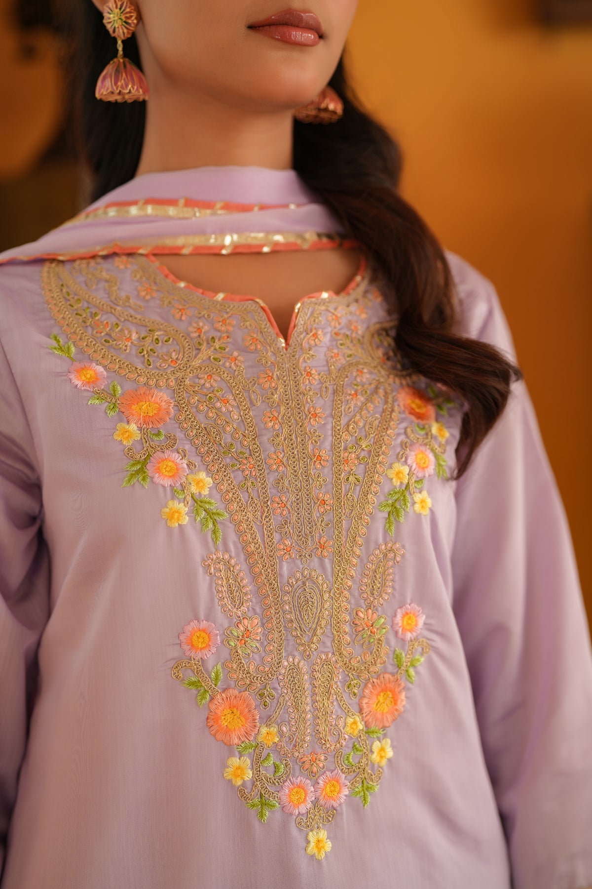 Lavender Chanderi Silk Zari Embroidered Straight Suit Set