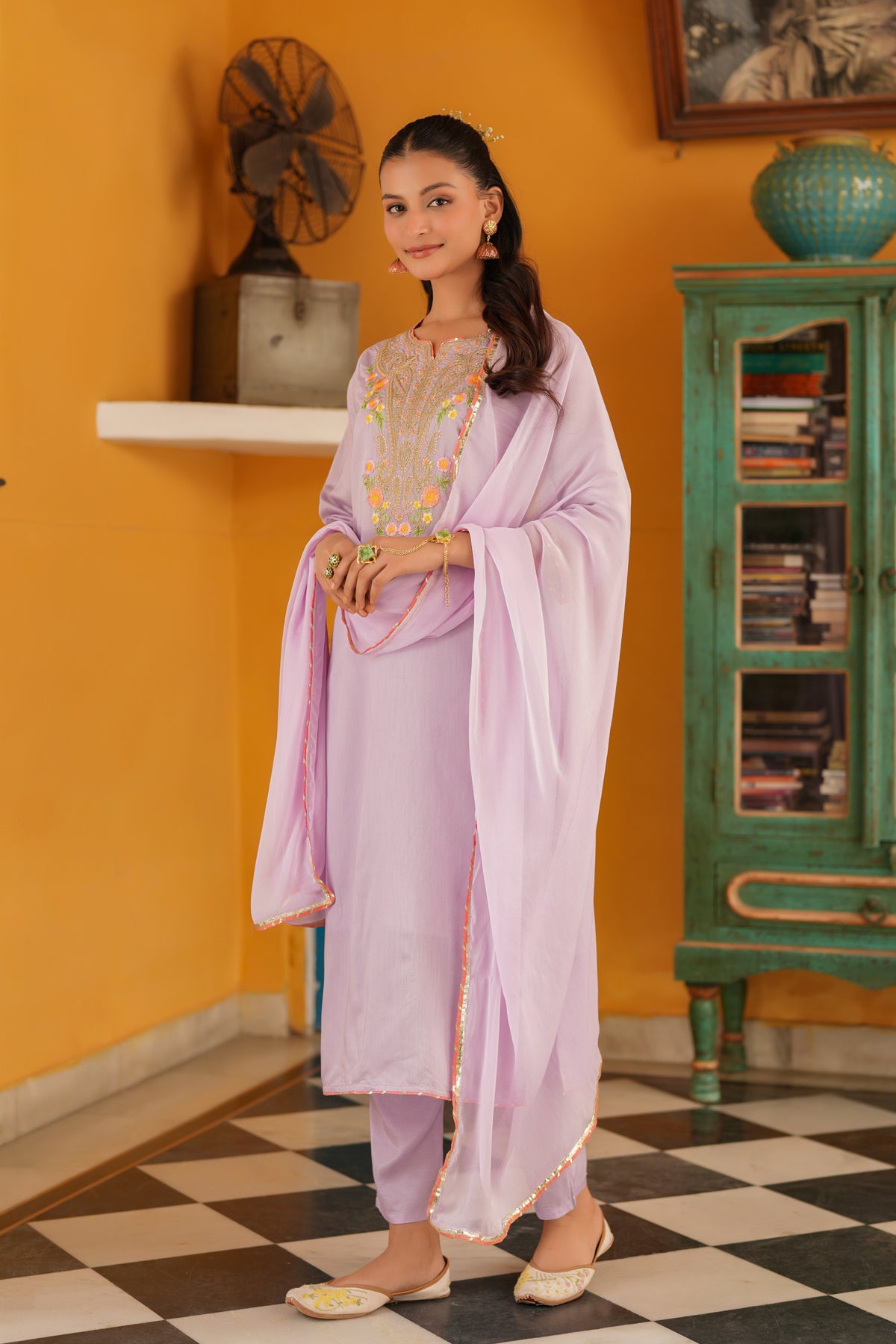 Lavender Chanderi Silk Zari Embroidered Straight Suit Set