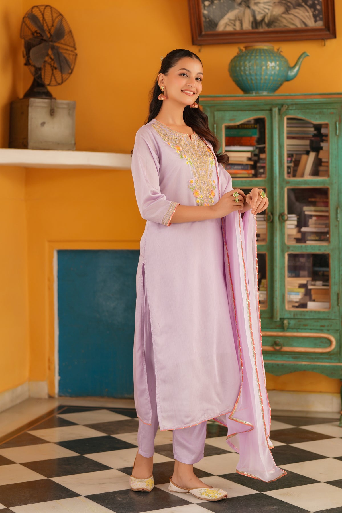 Lavender Chanderi Silk Zari Embroidered Straight Suit Set