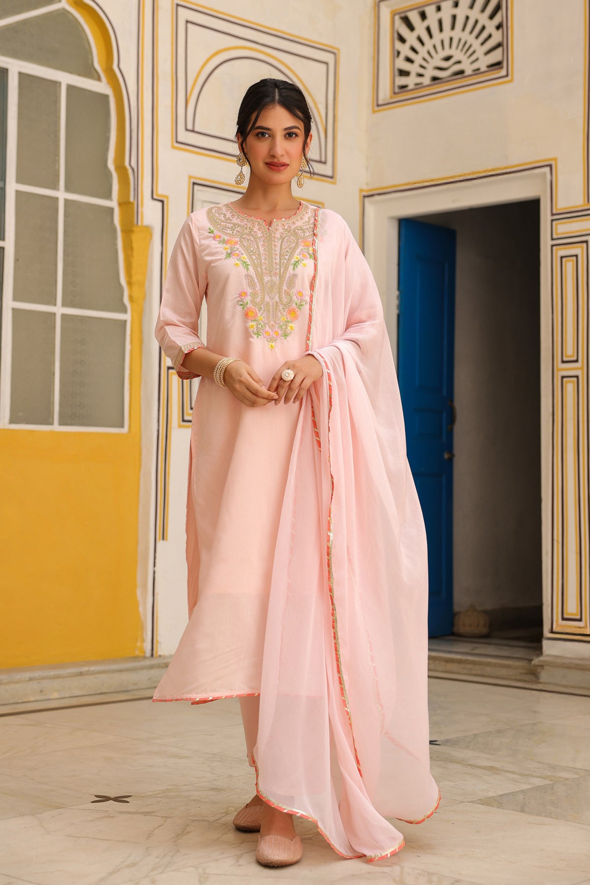 Peach Chanderi Silk Zari Embroidered Straight Suit Set