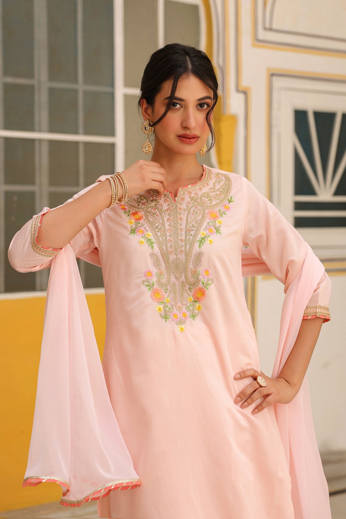 Peach Chanderi Silk Zari Embroidered Straight Suit Set