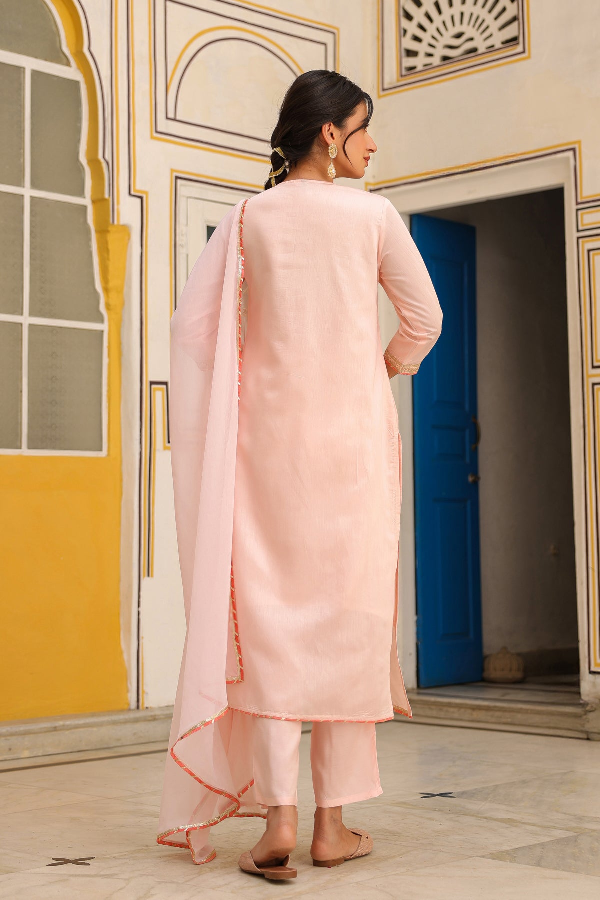 Peach Chanderi Silk Zari Embroidered Straight Suit Set
