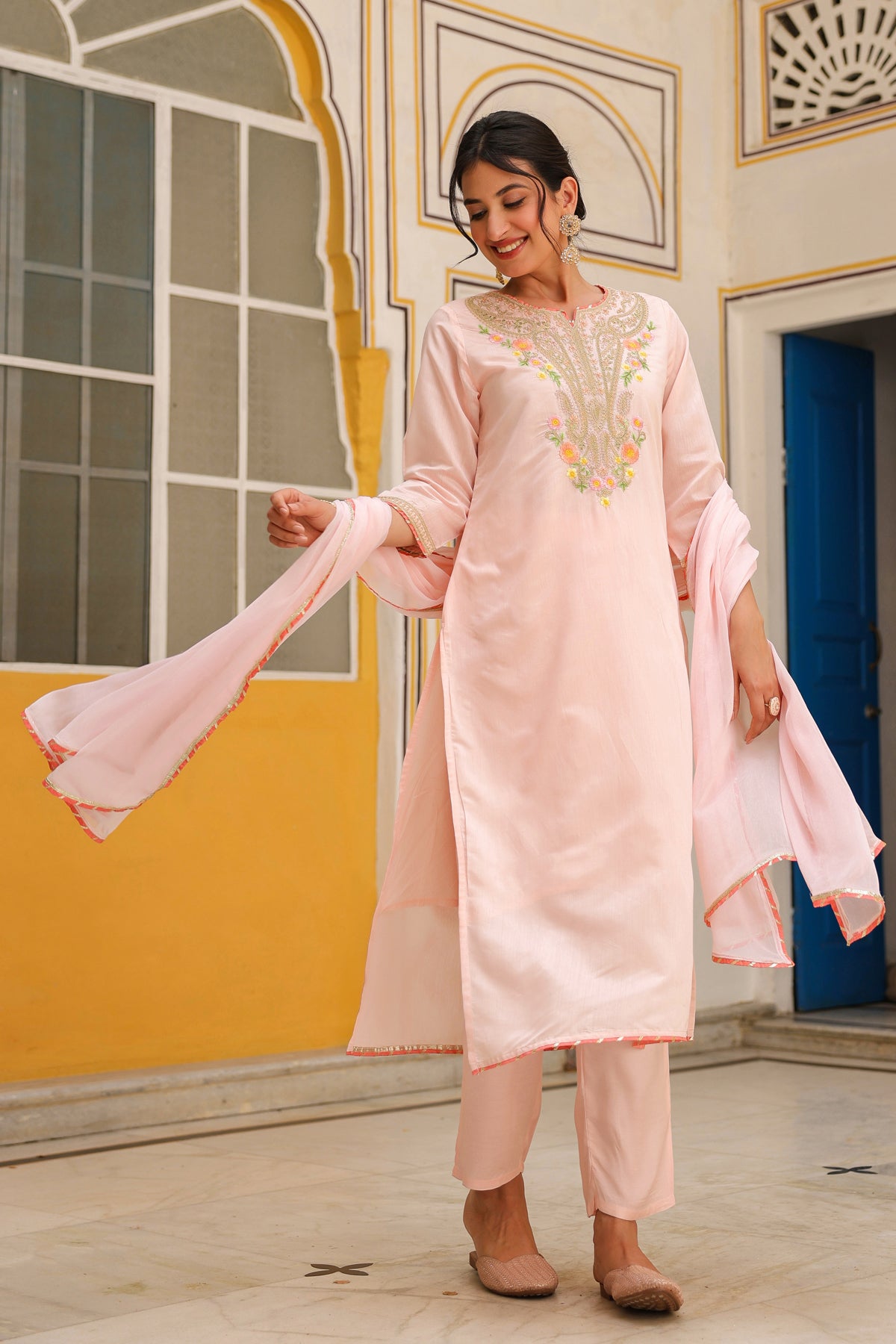 Peach Chanderi Silk Zari Embroidered Straight Suit Set