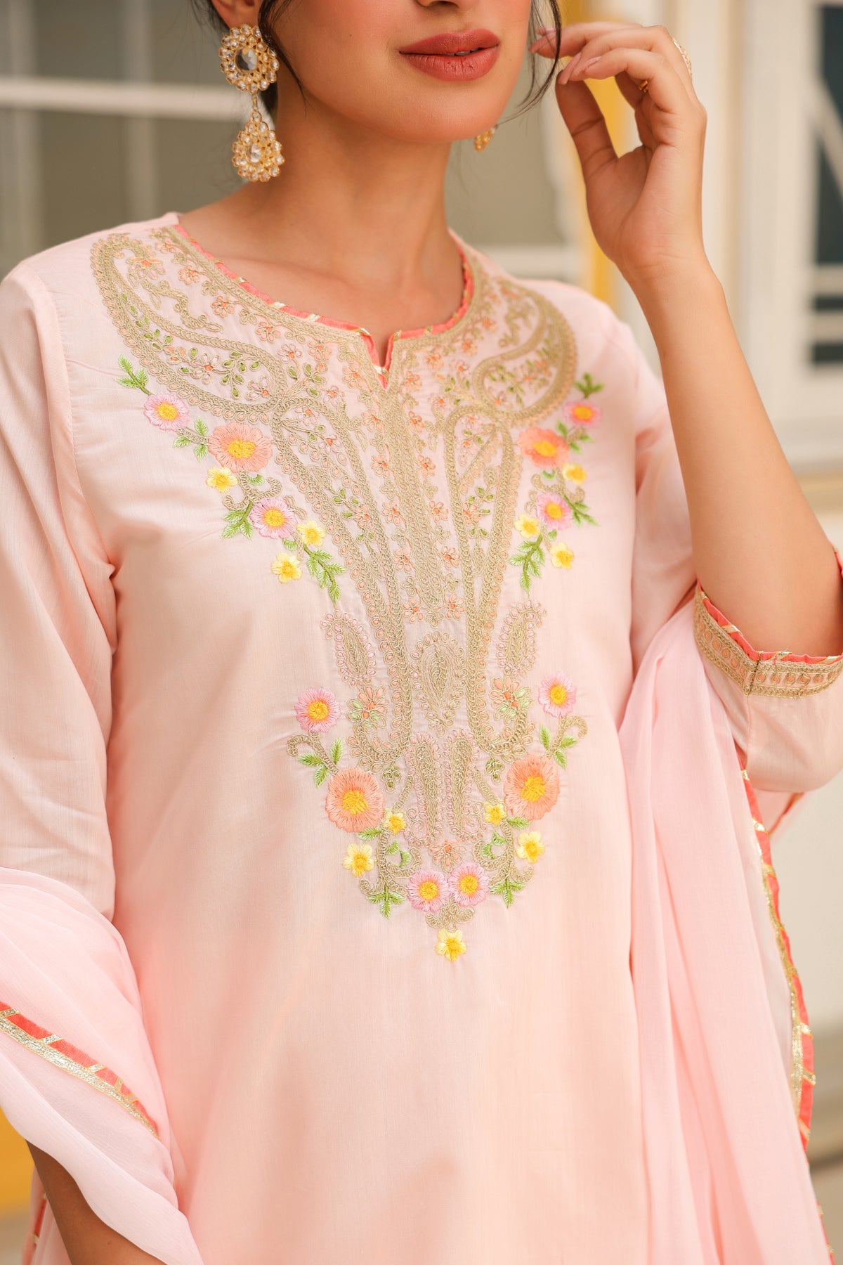 Peach Chanderi Silk Zari Embroidered Straight Suit Set