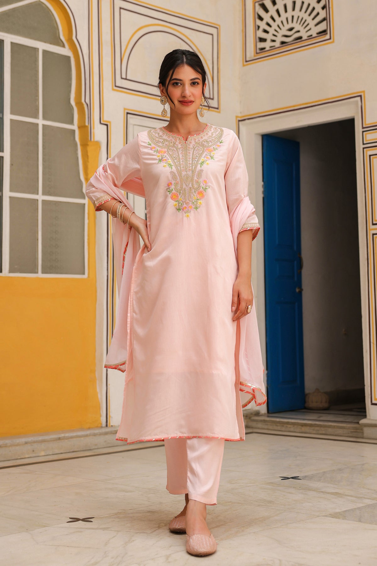 Peach Chanderi Silk Zari Embroidered Straight Suit Set