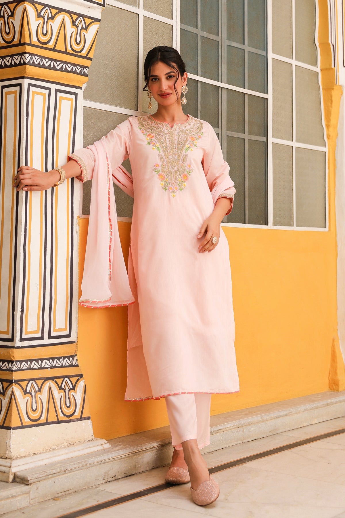 Peach Chanderi Silk Zari Embroidered Straight Suit Set